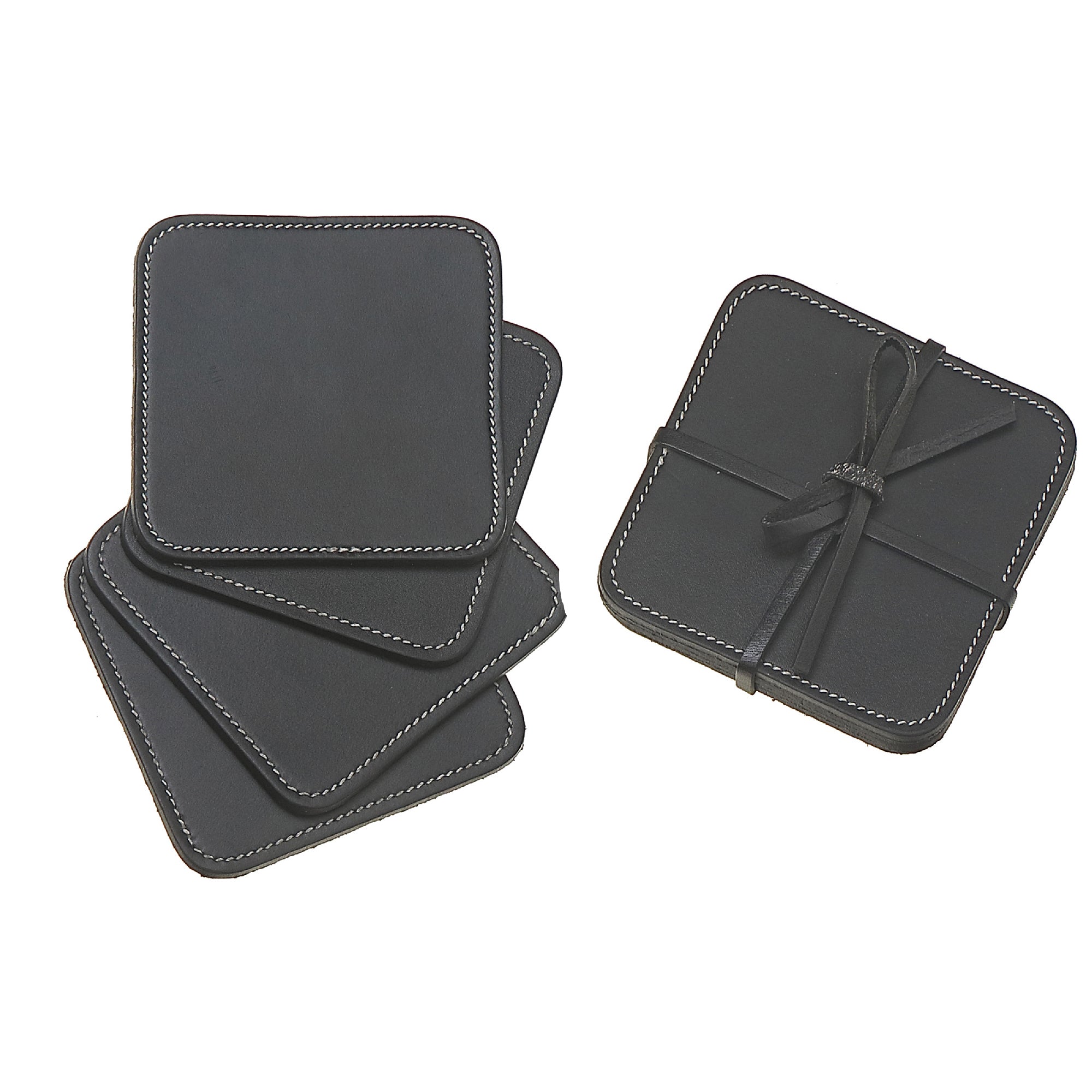 4 Piece Square Genuine Leather Coaster Set, Rustic Drink Coasters, Coffee Table Accessories