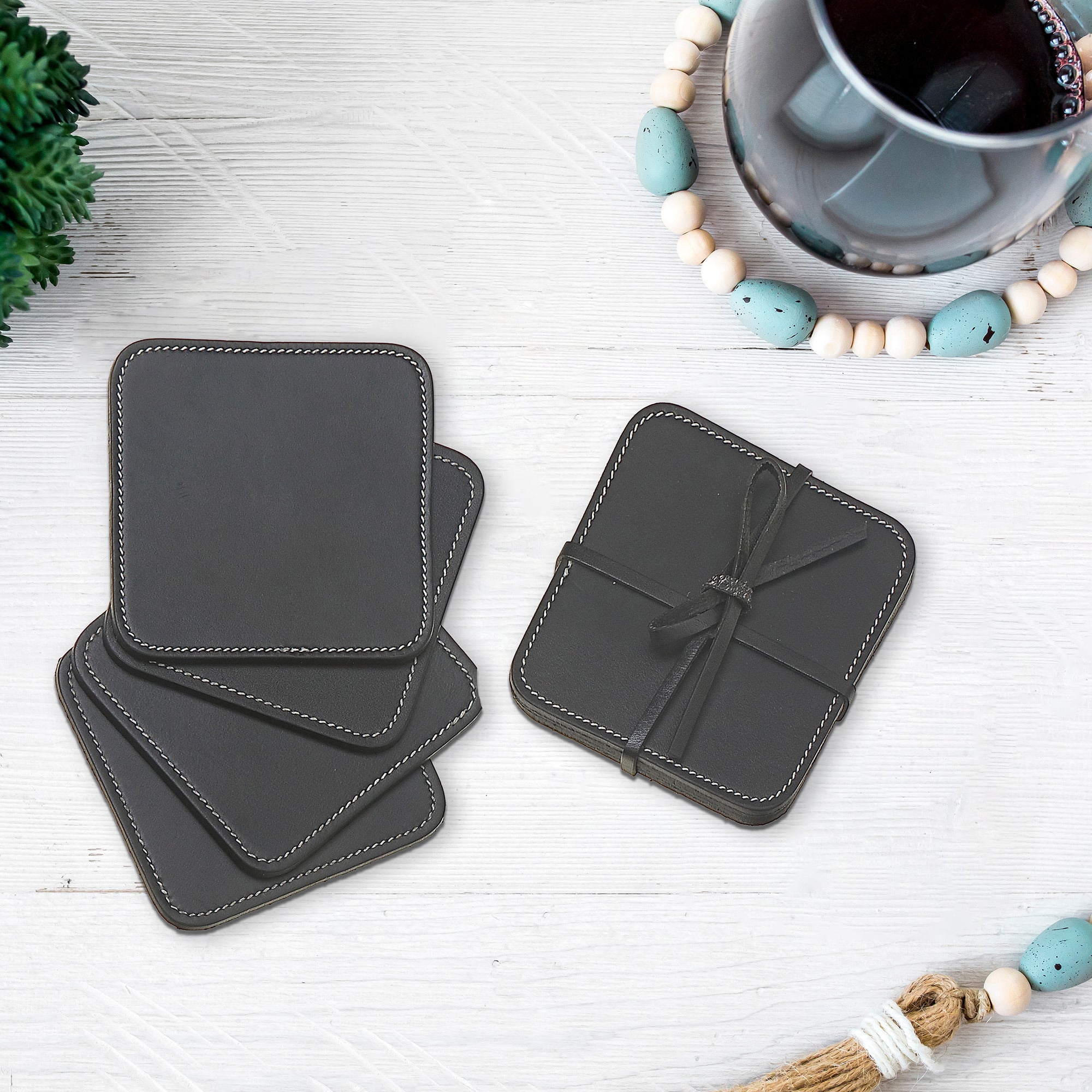 4 Piece Square Genuine Leather Coaster Set, Rustic Drink Coasters, Coffee Table Accessories