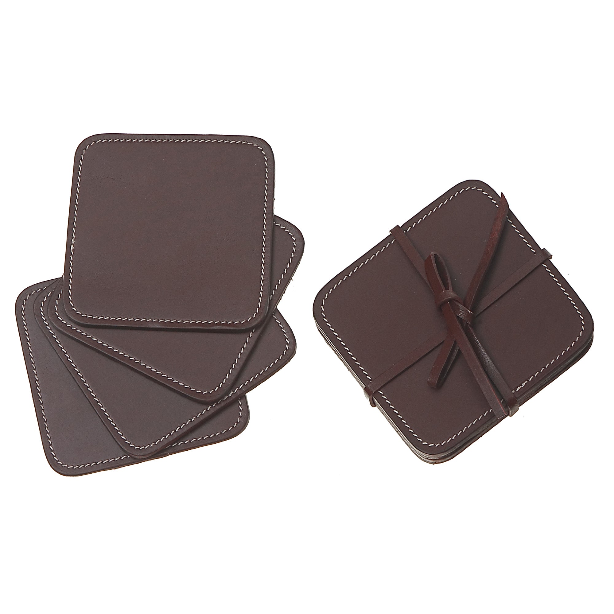 4 Piece Square Genuine Leather Coaster Set, Rustic Drink Coasters, Coffee Table Accessories