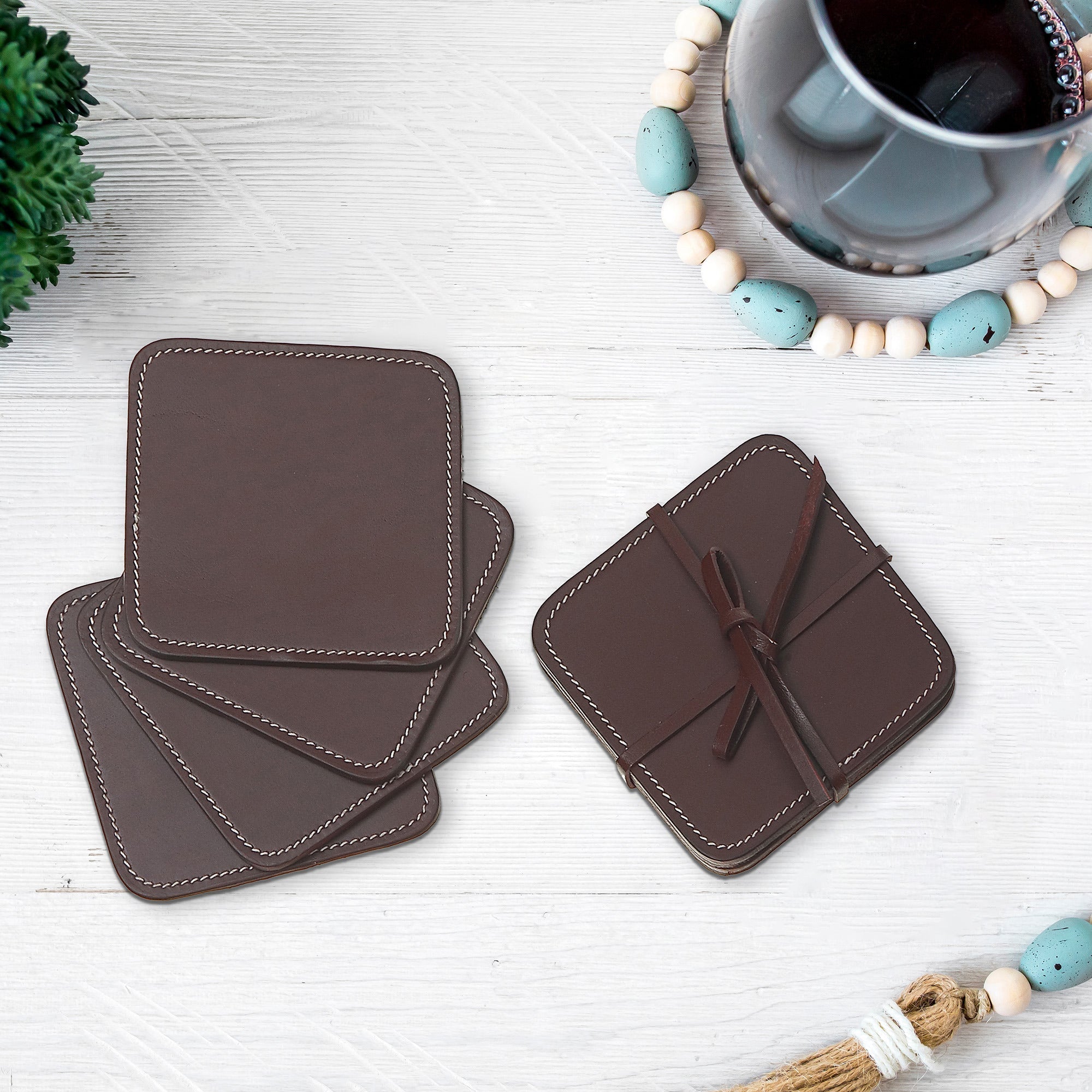 4 Piece Square Genuine Leather Coaster Set, Rustic Drink Coasters, Coffee Table Accessories