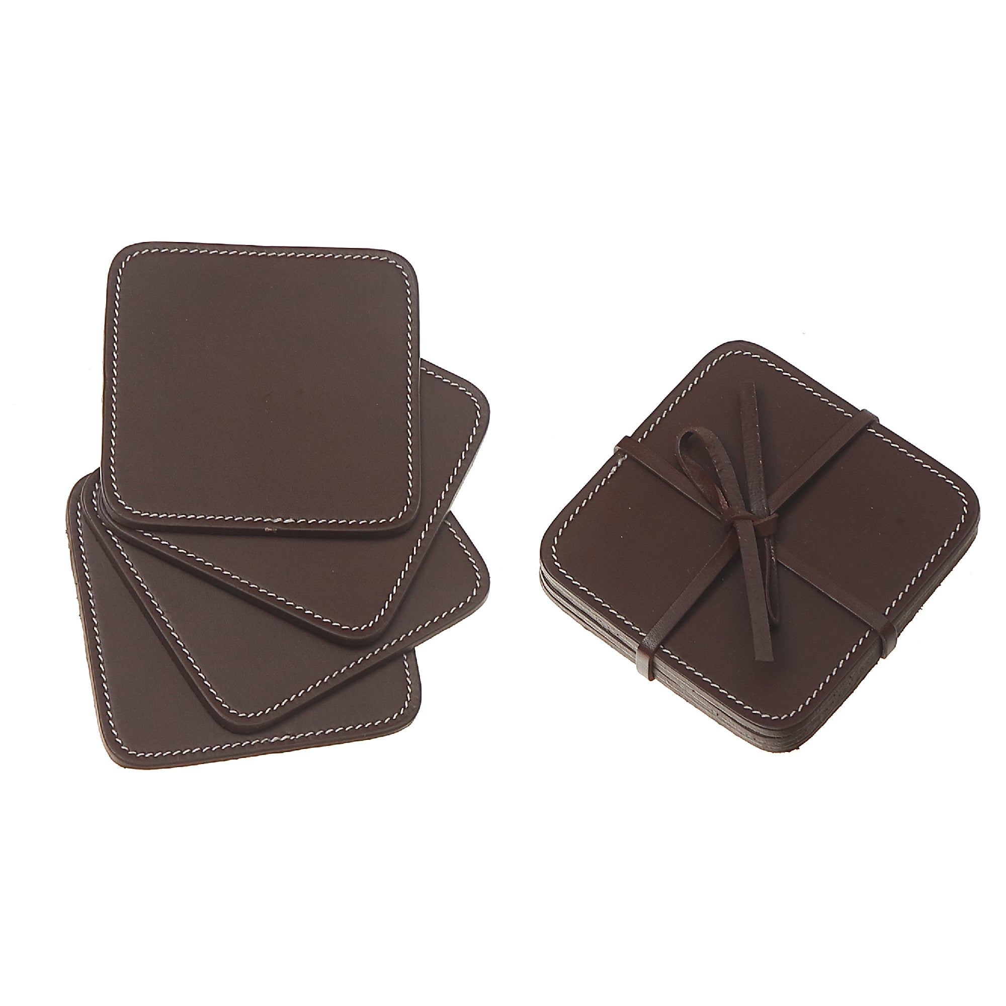 4 Piece Square Genuine Leather Coaster Set, Rustic Drink Coasters, Coffee Table Accessories
