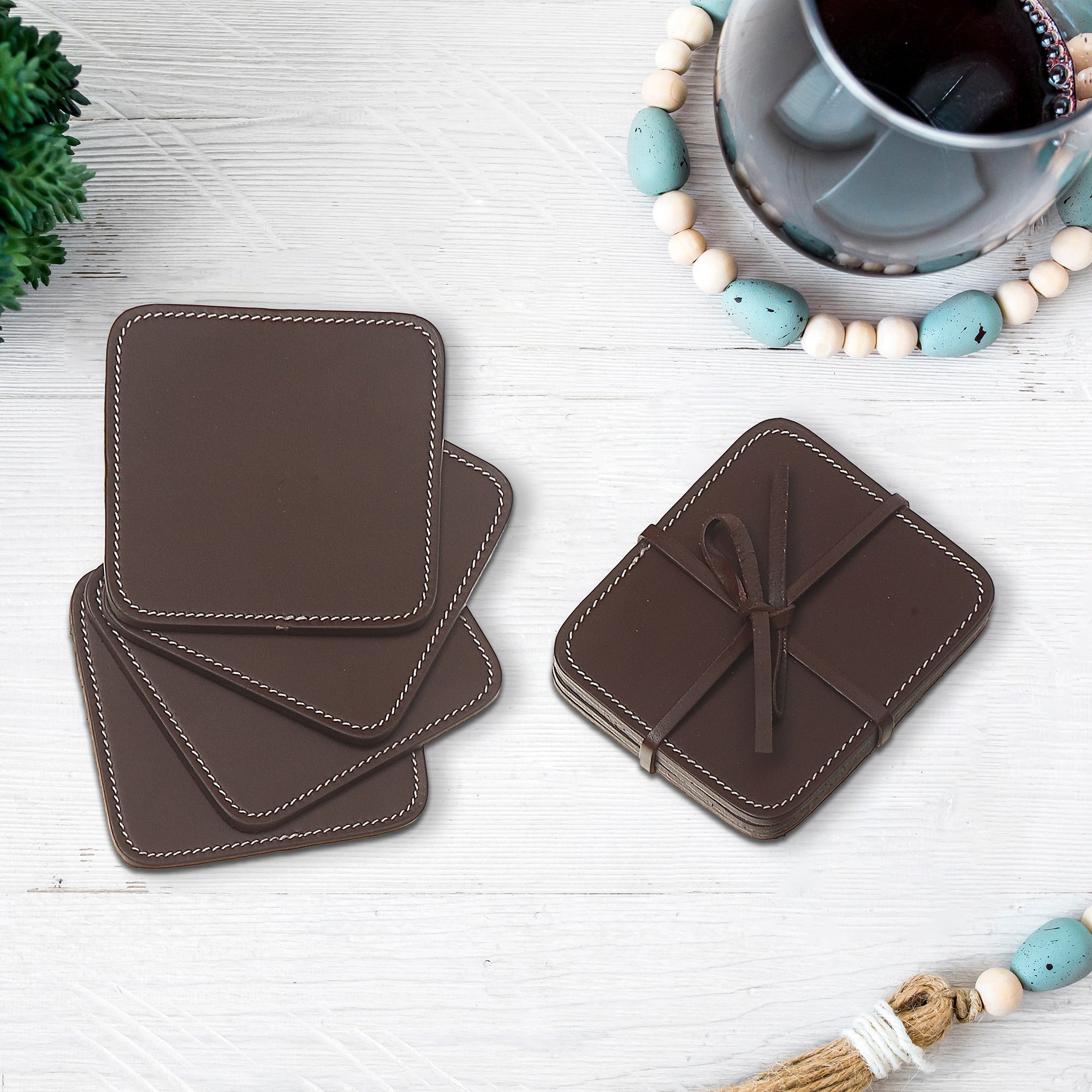 4 Piece Square Genuine Leather Coaster Set, Rustic Drink Coasters, Coffee Table Accessories