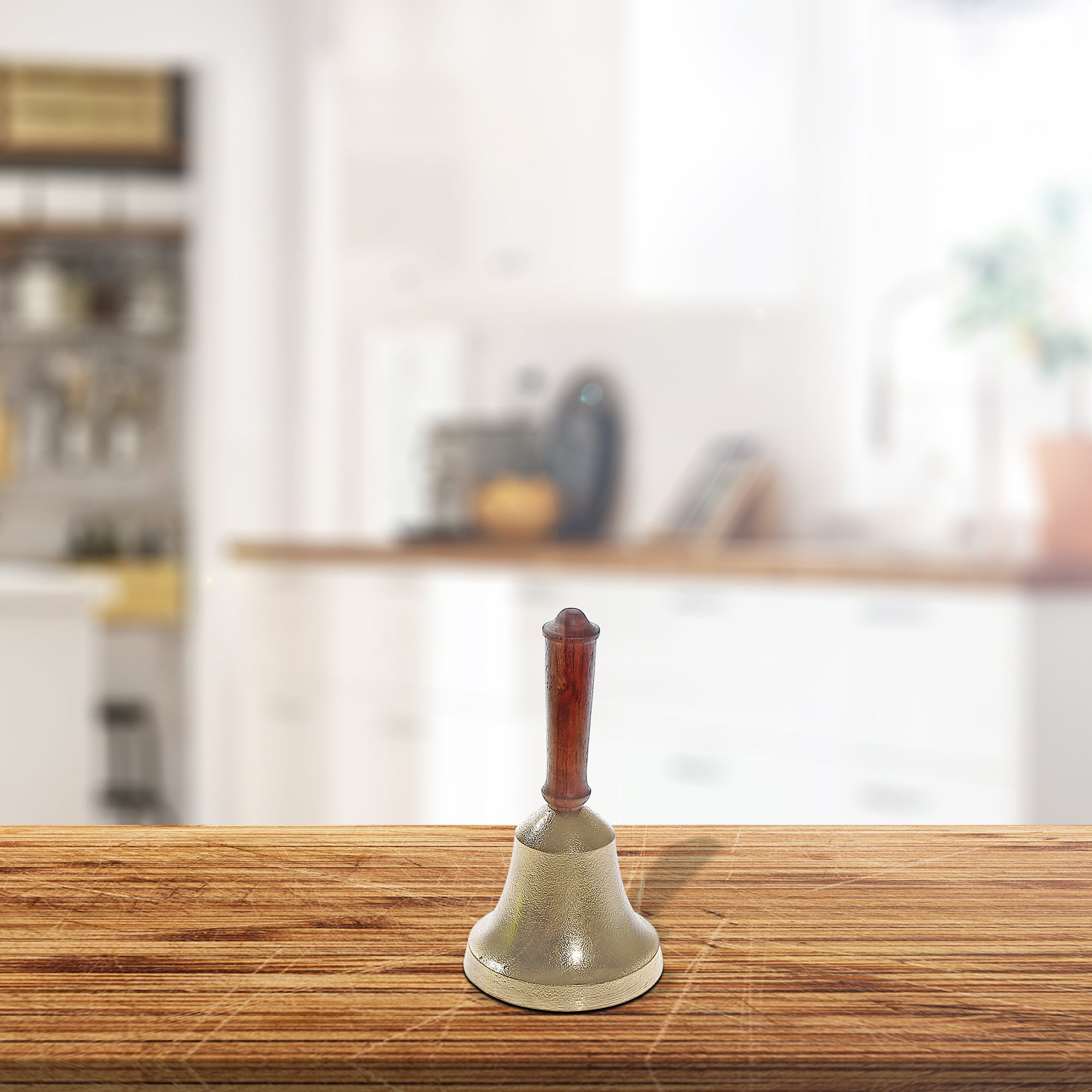 Bell With Acacia Handle, Decorative Bell With Acacia Handle, Metal And Wood Accent Piece, Tabletop Decor
