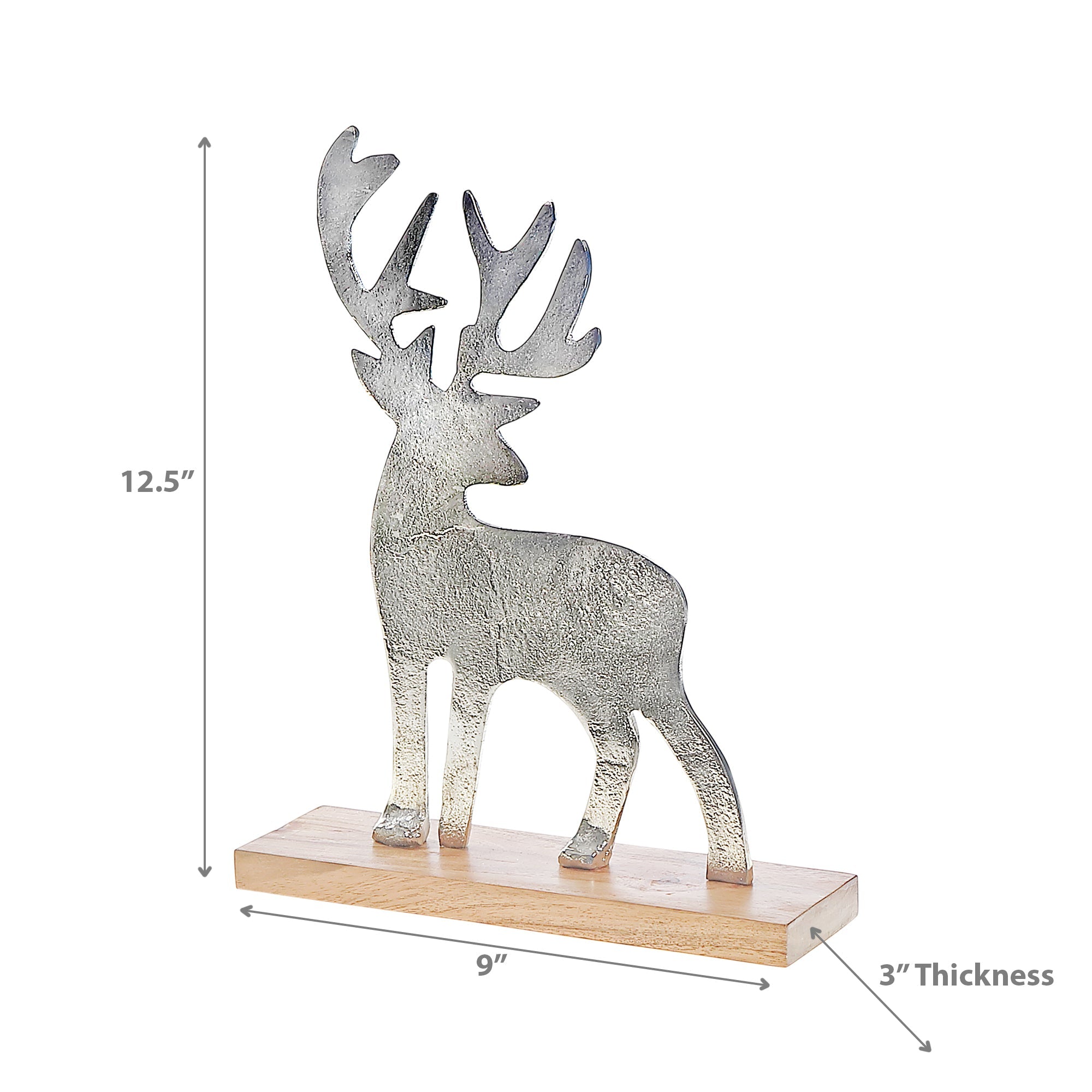 Silver Deer With Acacia Base, Silver Deer Figurine With Acacia Base, Metal And Wood Table Accent, Festive Decoration