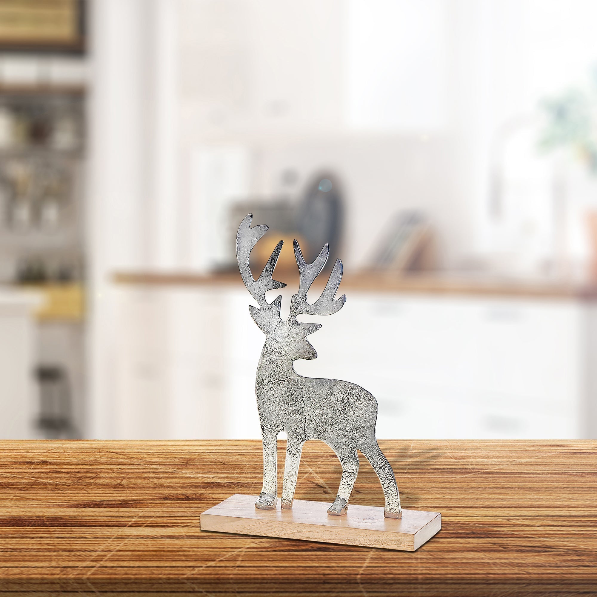 Silver Deer With Acacia Base, Silver Deer Figurine With Acacia Base, Metal And Wood Table Accent, Festive Decoration