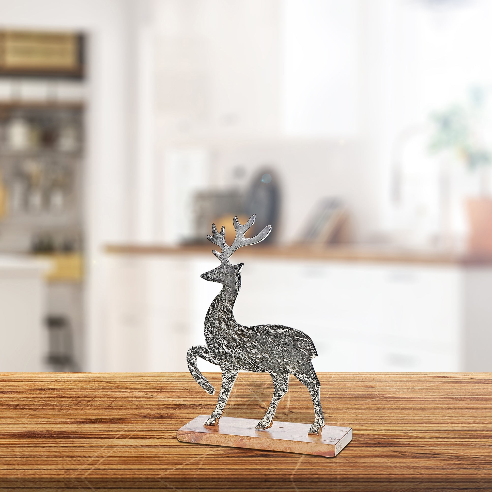 Silver Caribou With Acacia Base, Silver Caribou Figurine With Acacia Wood Base, Holiday Or Rustic Tabletop Decor