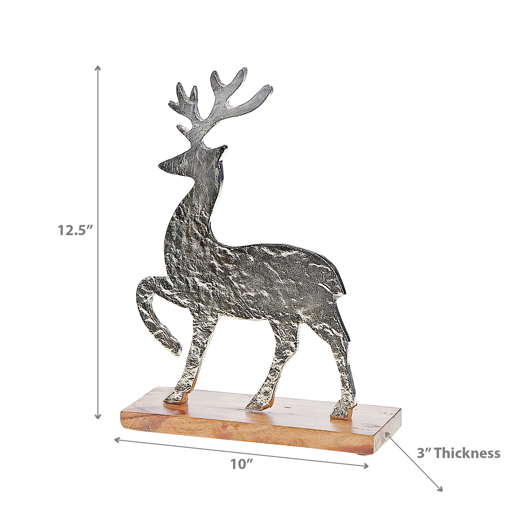 Silver Caribou With Acacia Base, Silver Caribou Figurine With Acacia Wood Base, Holiday Or Rustic Tabletop Decor