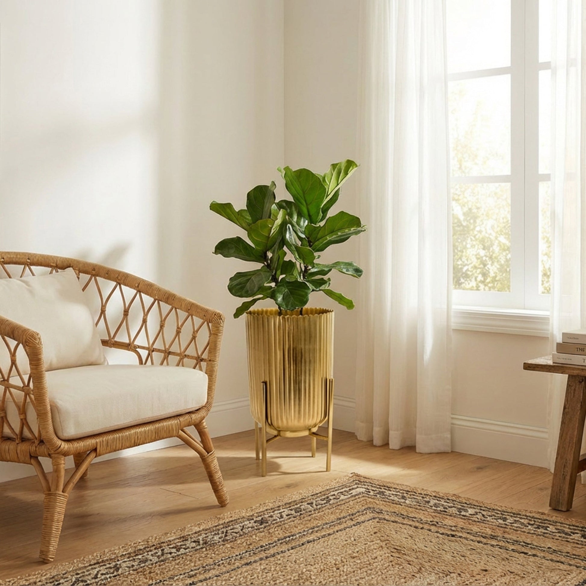 6" Gold Ribbed Round Planter with Metal Stand