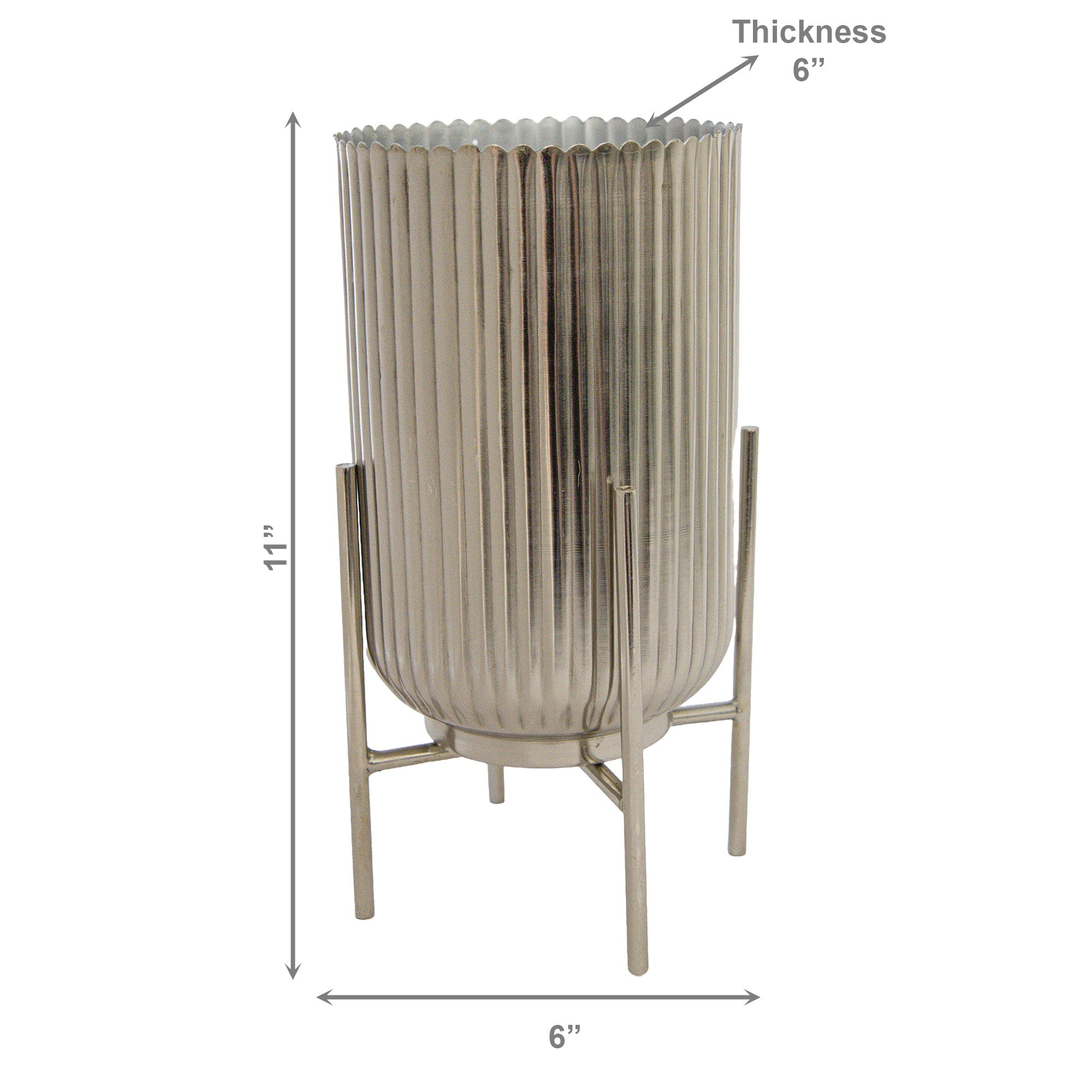 6" Silver Ribbed Round Planter with Metal Stand
