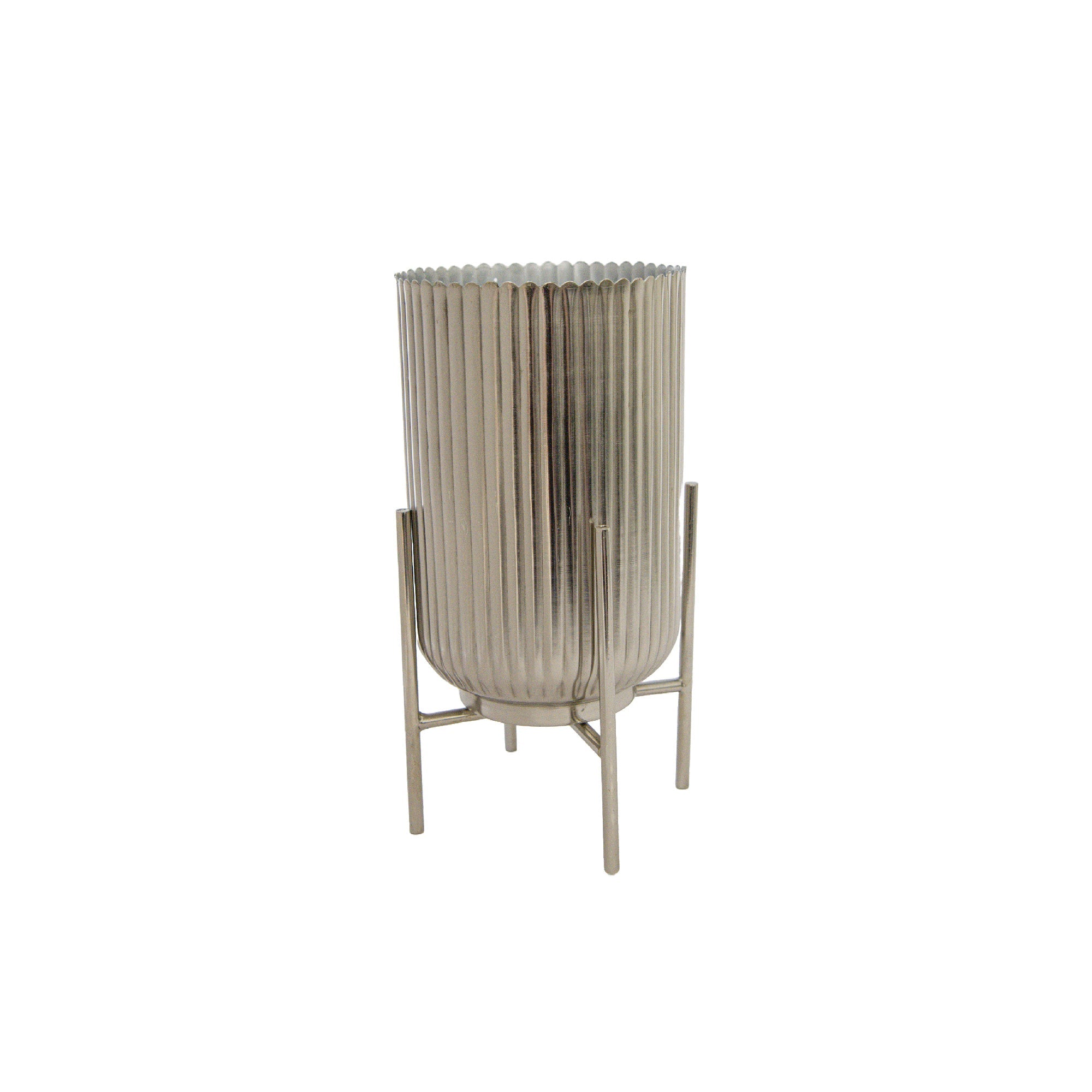 6" Silver Ribbed Round Planter with Metal Stand