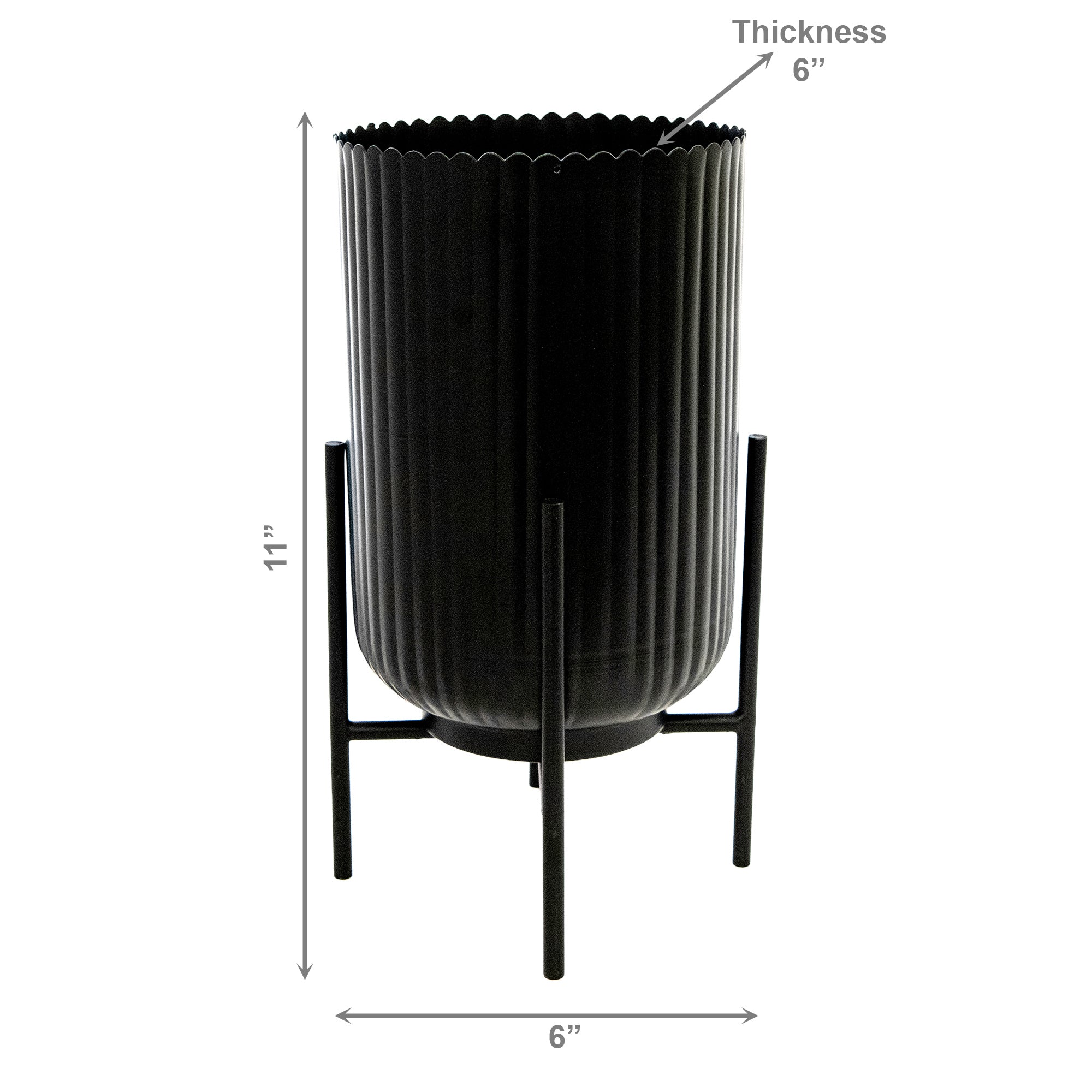6" Black Ribbed Round Planter with Metal Stand