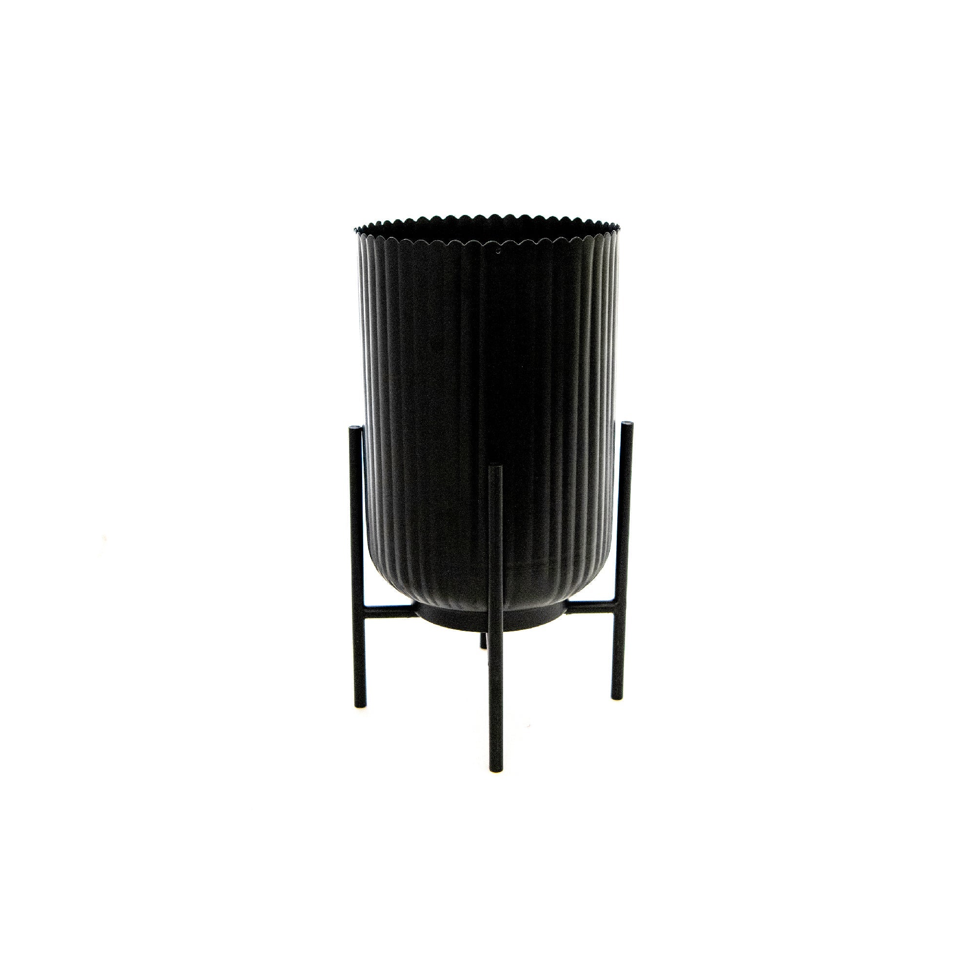6" Black Ribbed Round Planter with Metal Stand