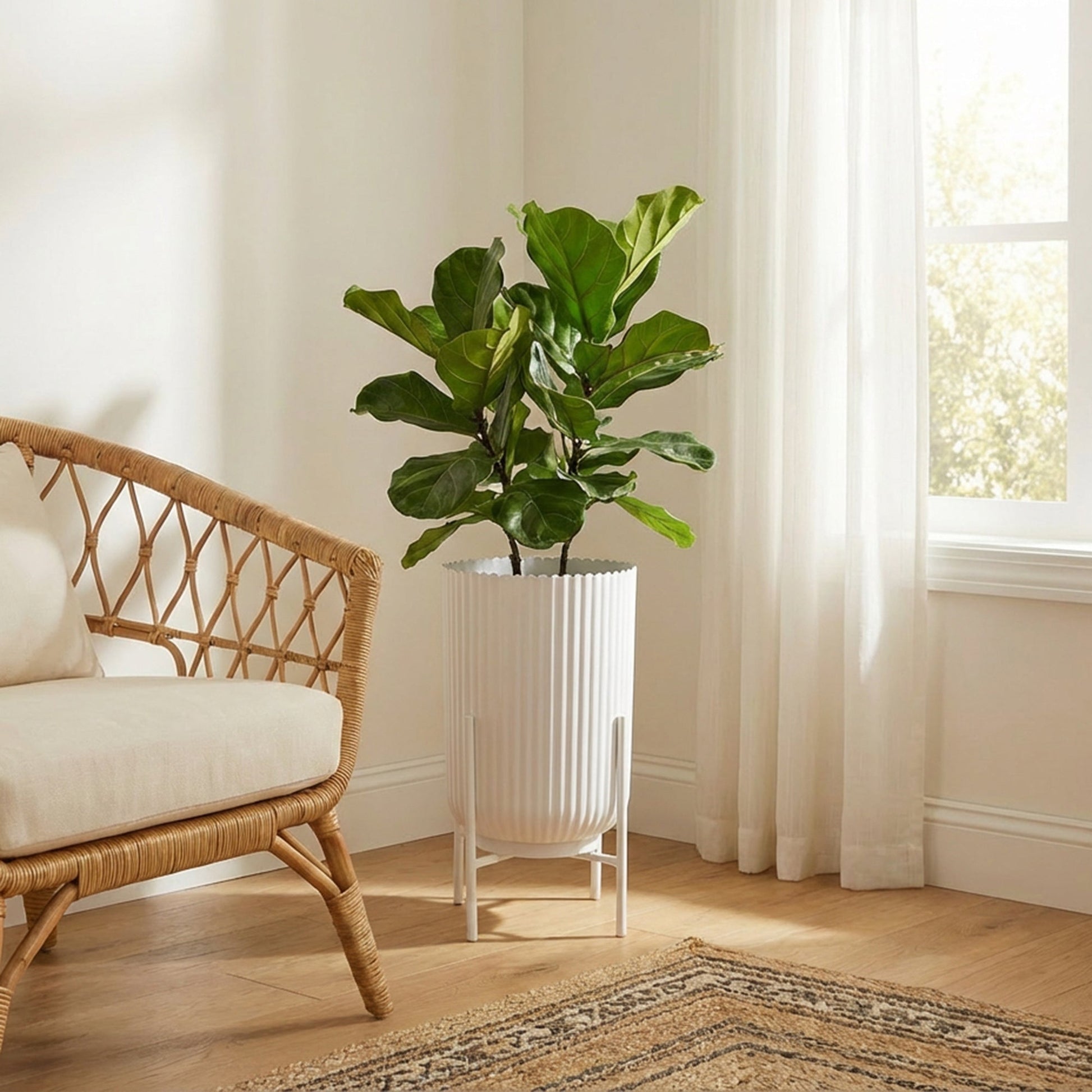 6" White Ribbed Round Planter with Metal Stand