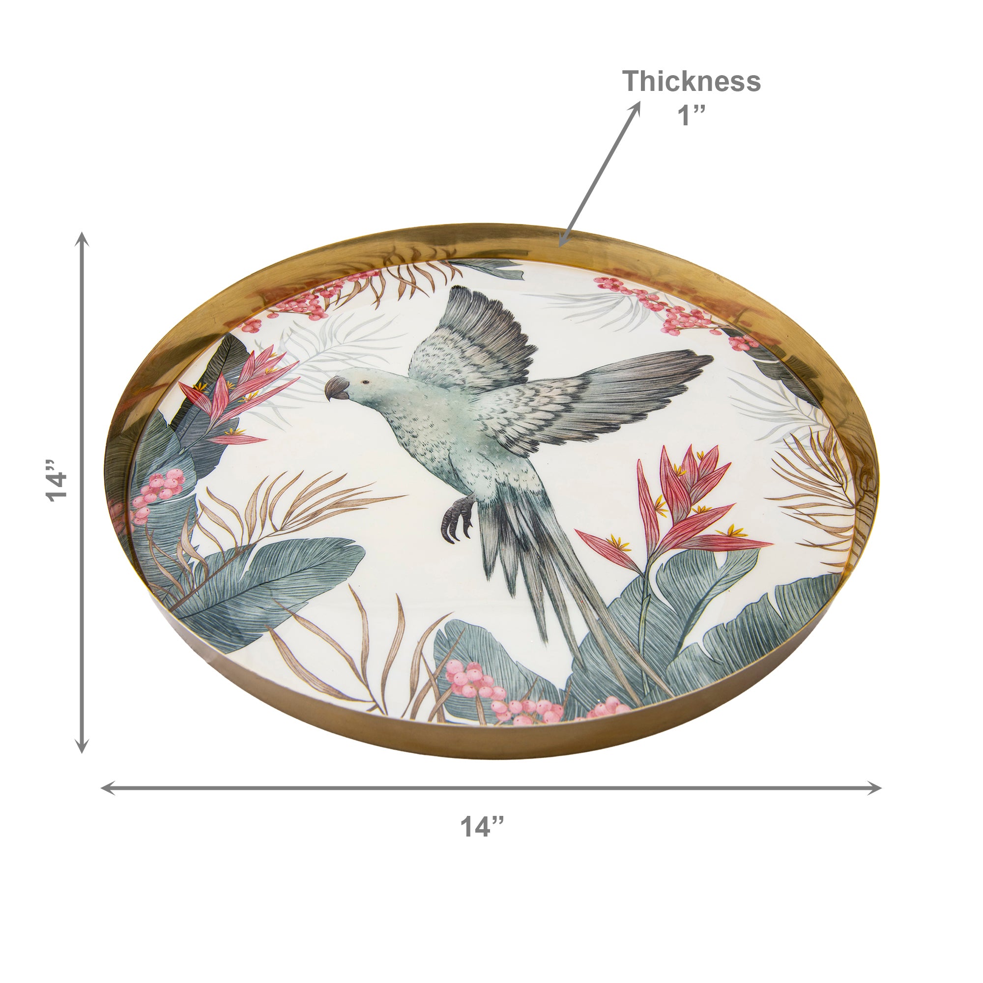 Large Metal Round Tray with Flying Tropical Bird Design