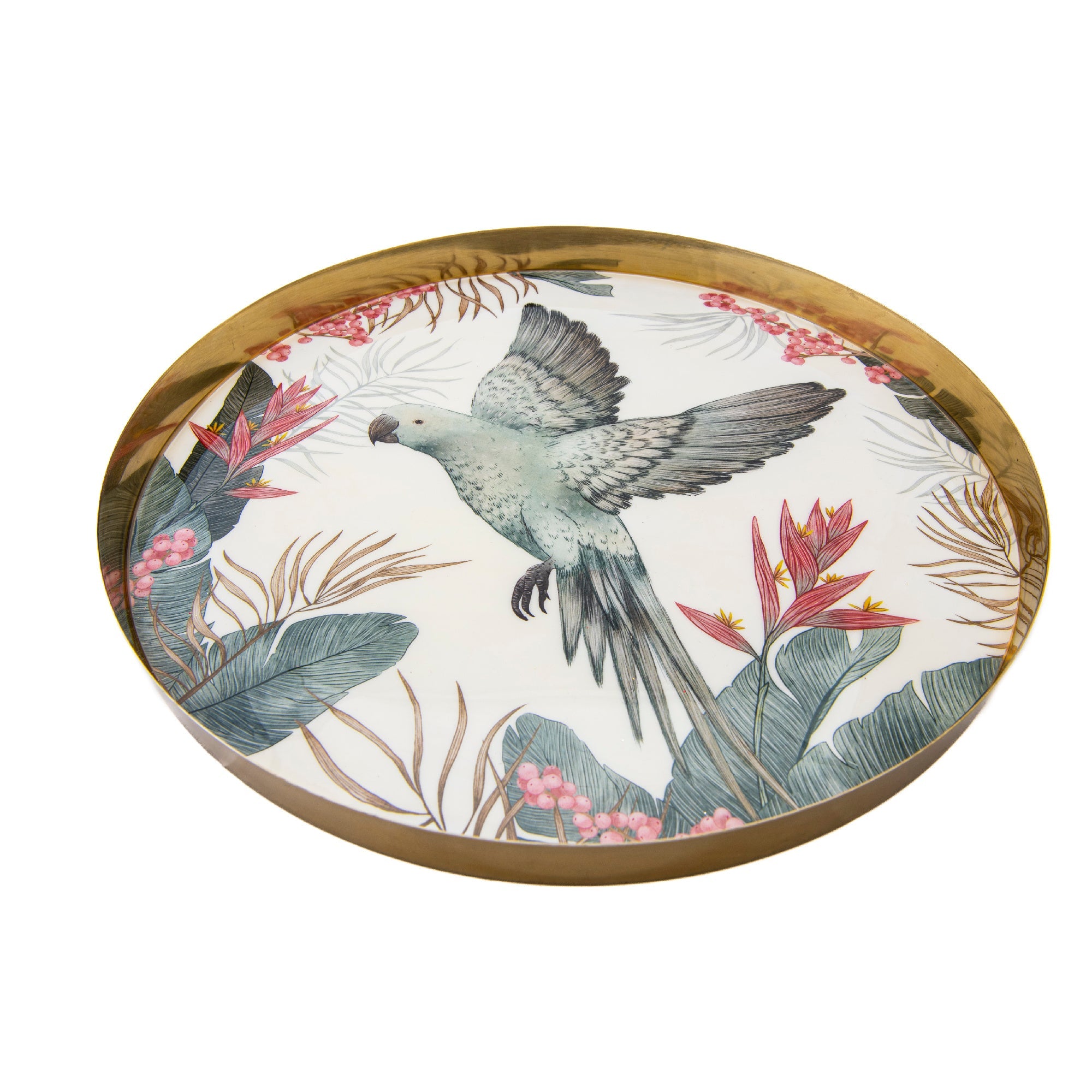 Large Metal Round Tray with Flying Tropical Bird Design