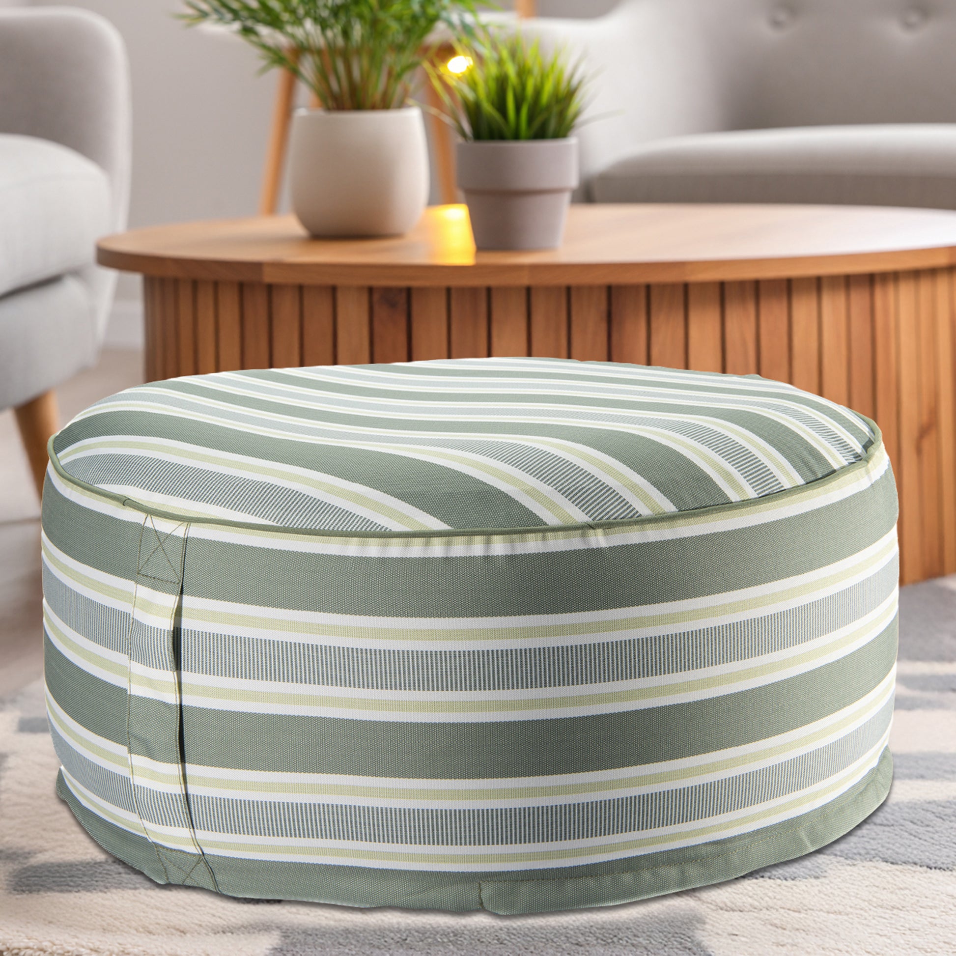 Green Striped Outdoor Inflatable Pouf Seat, Portable, Garden, Patio, Waterproof, Comfortable Seating
