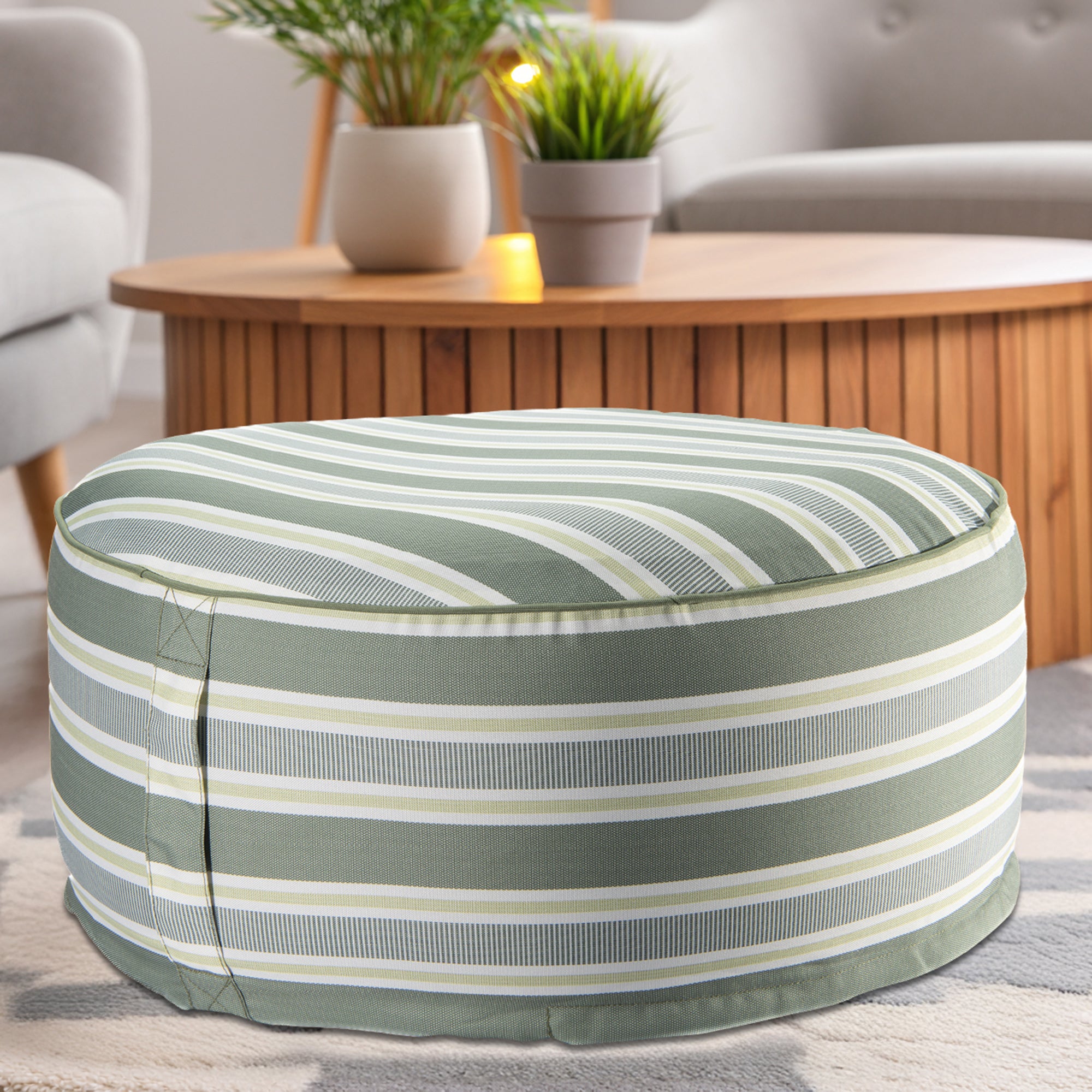 Green Striped Outdoor Inflatable Pouf Seat, Portable, Garden, Patio, Waterproof, Comfortable Seating