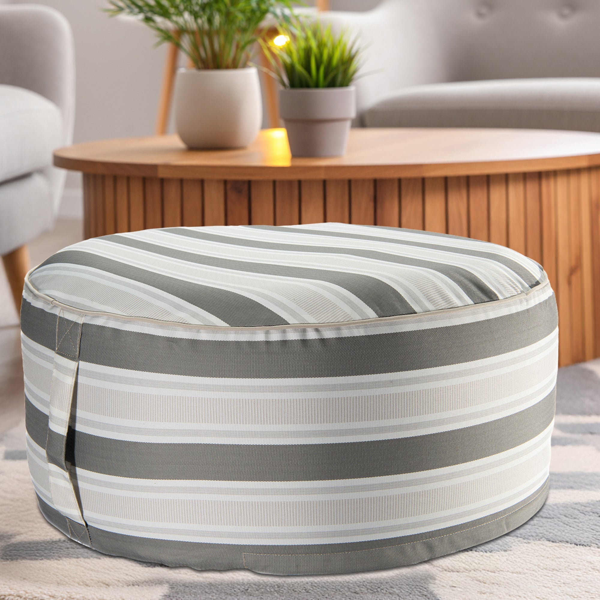 Taupe Striped Outdoor Inflatable Pouf Seat, Portable, Garden, Patio, Waterproof, Comfortable Seating