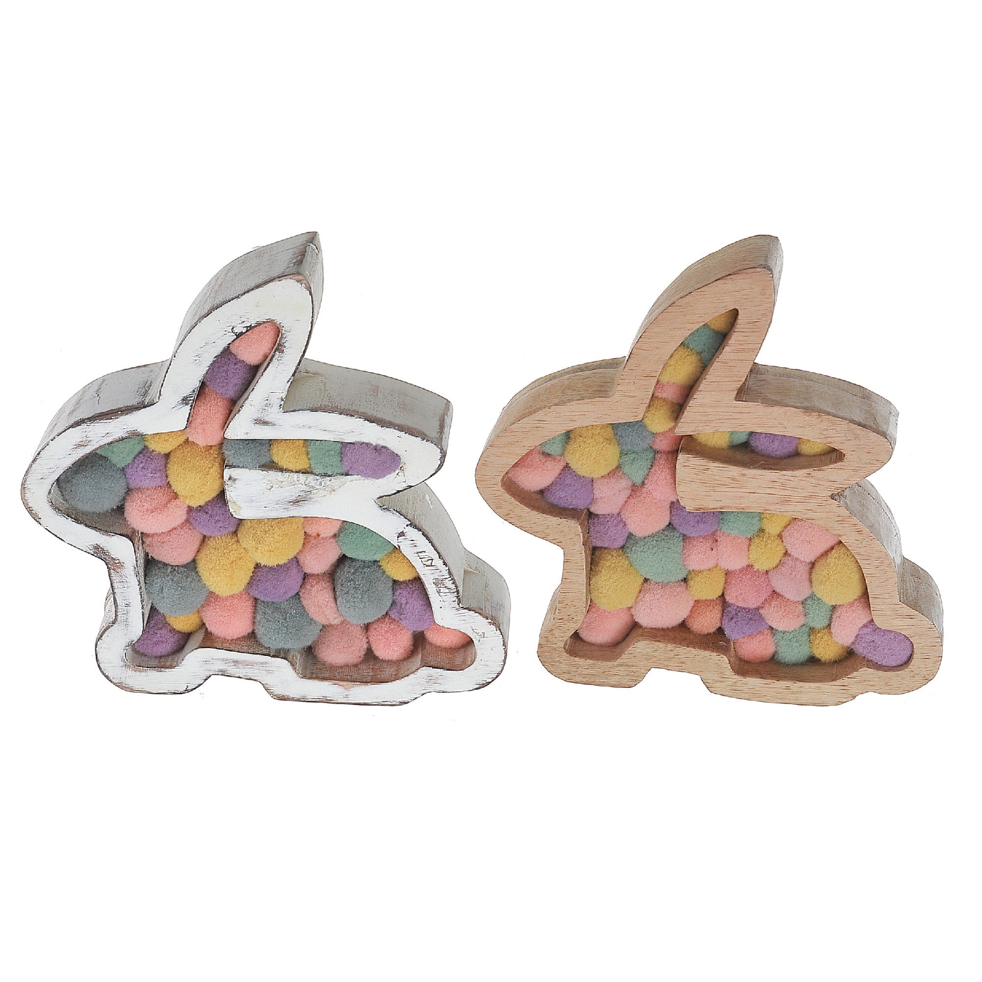 Wooden Bunny With Pompom Set Of 2, Easter Spring Holiday Table Decor