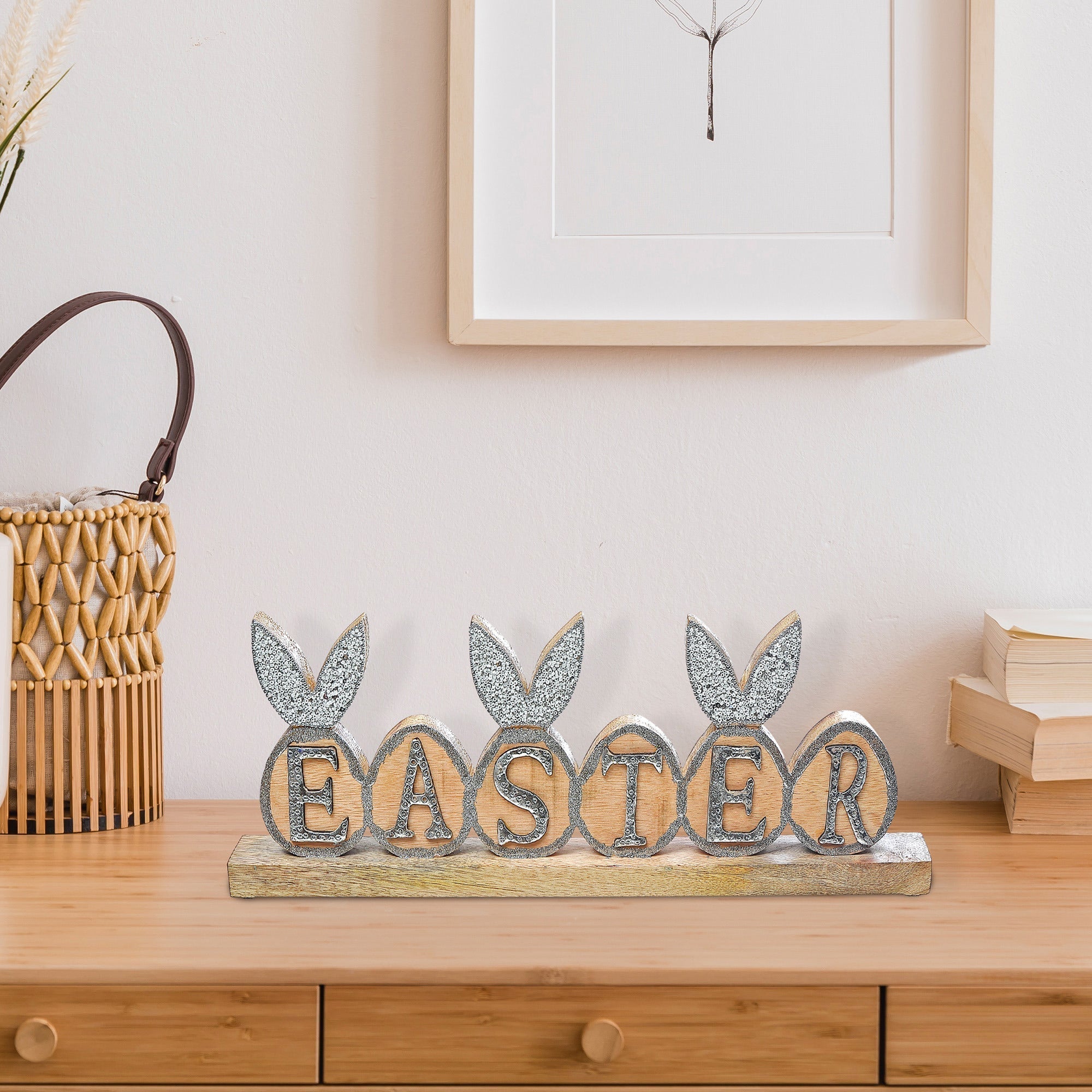 Wooden Bunny Easter Egg Table Top Sign, Spring Holiday Table Decor