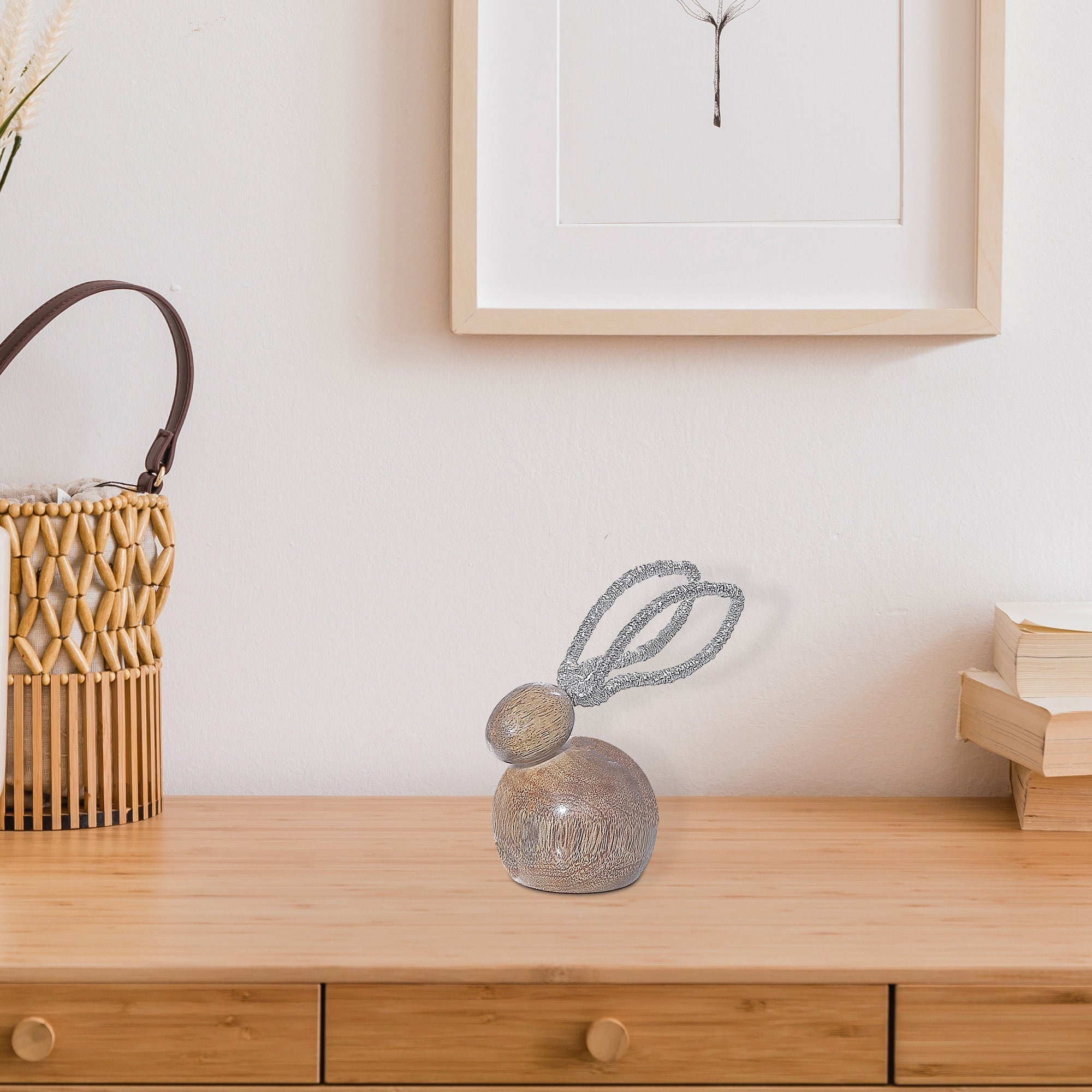 Wooden Bunny With Metal Ears Decoration, Easter Spring Holiday Décor