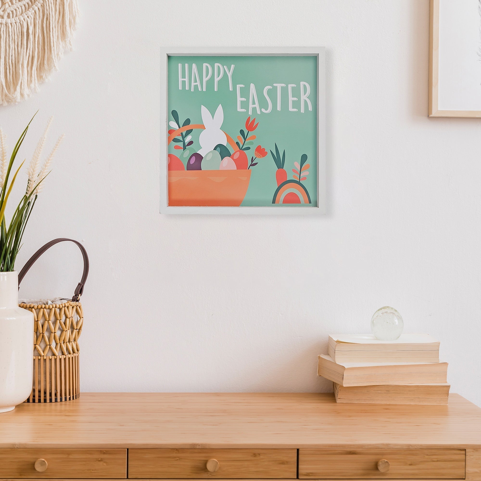 Framed Wood Wall Sign Bunny Happy Easter, Spring Easter Holiday Wall Decor