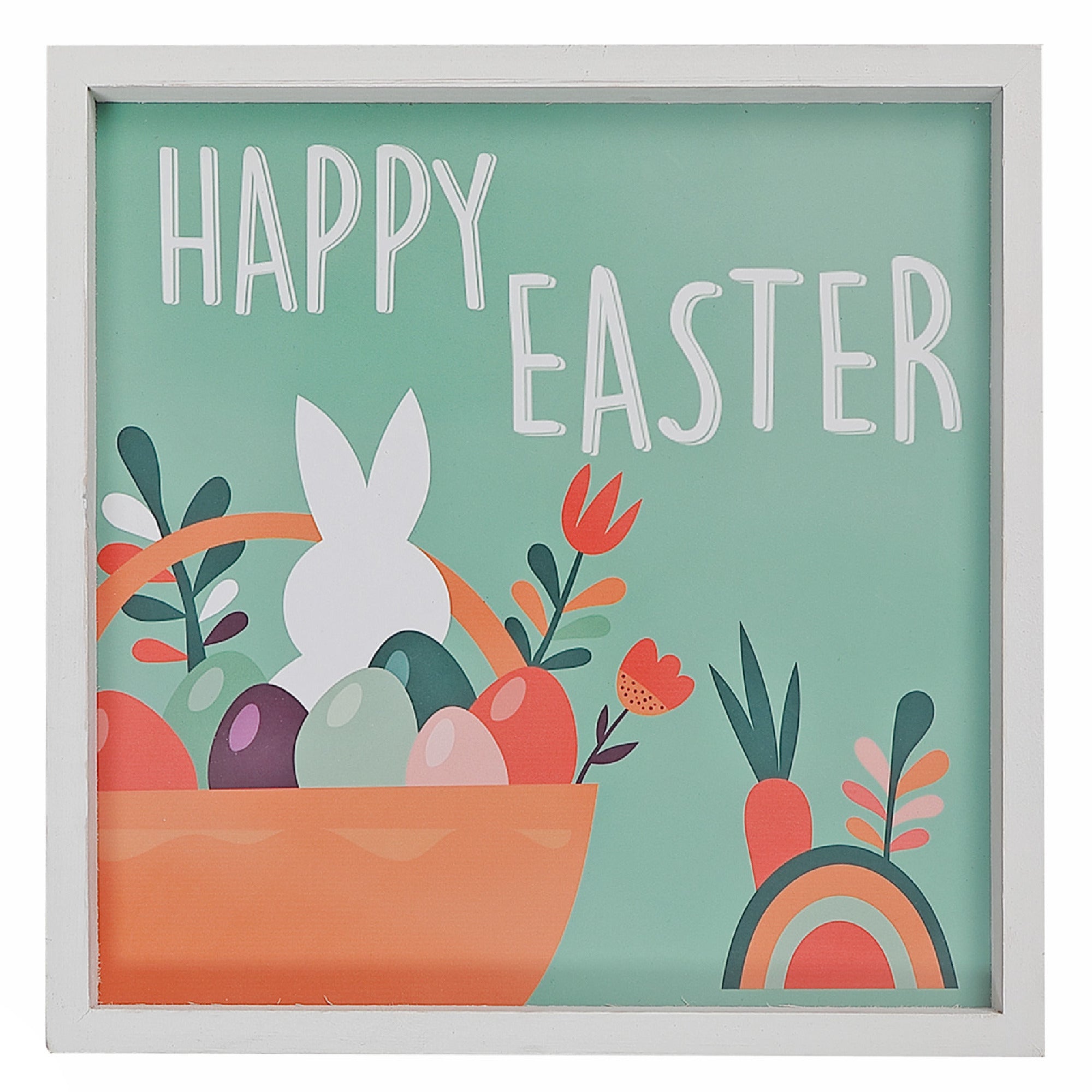 Framed Wood Wall Sign Bunny Happy Easter, Spring Easter Holiday Wall Decor