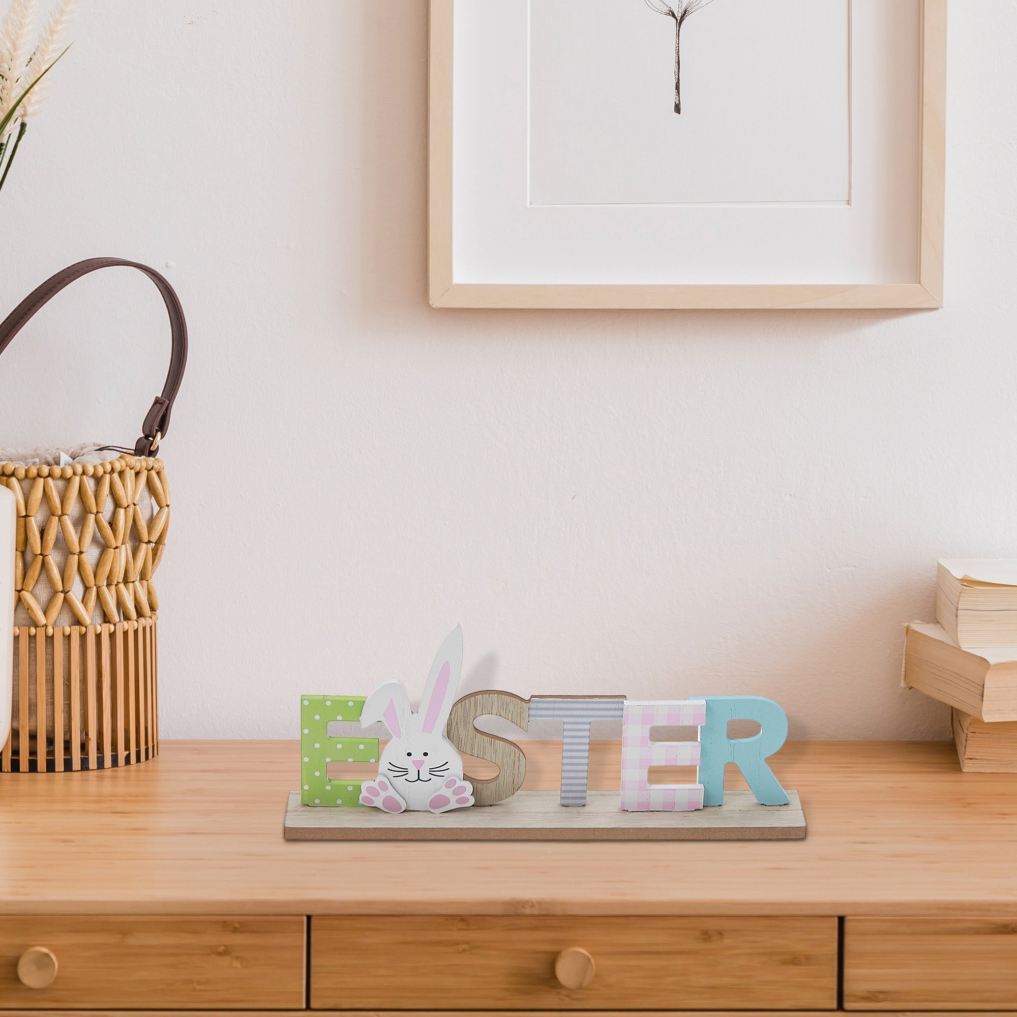 Wood Bunny Easter Stand Decoration, Spring Holiday Table Accent