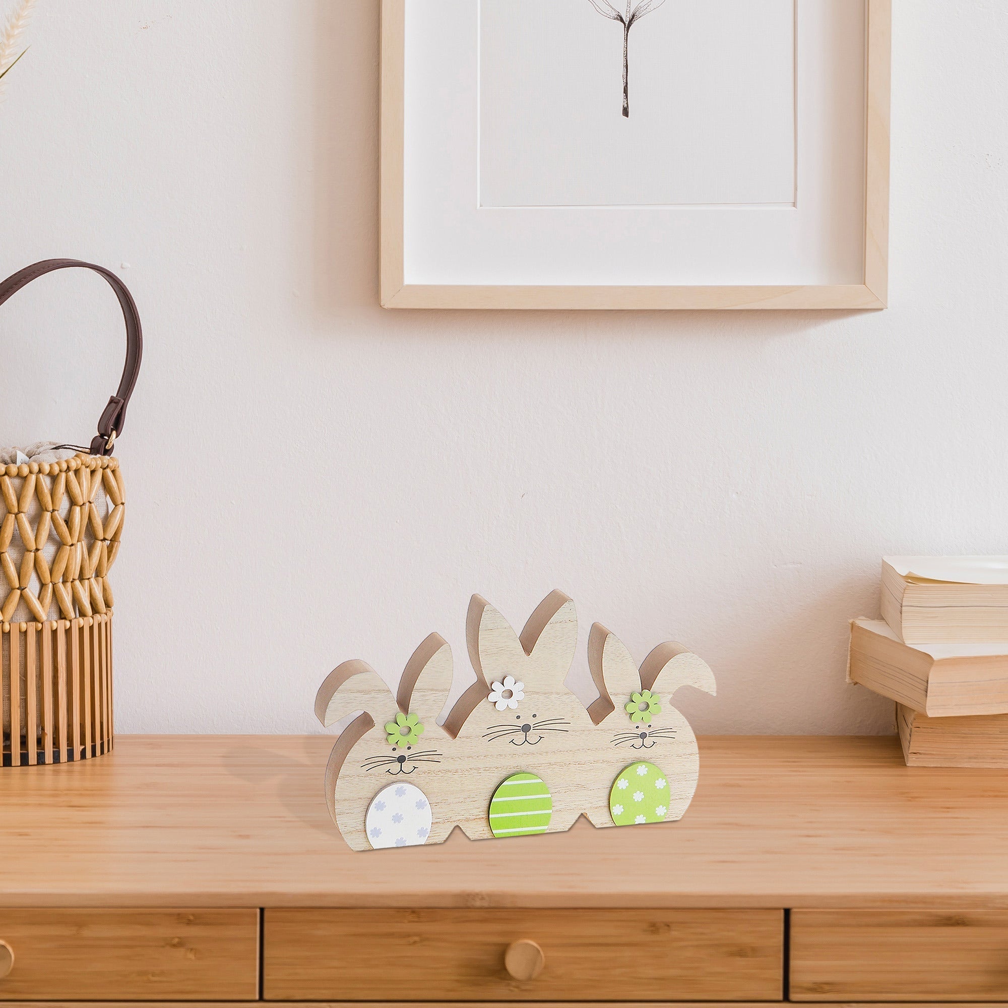 Wooden Triple Easter Egg Bunny Decoration, Easter Table Accent