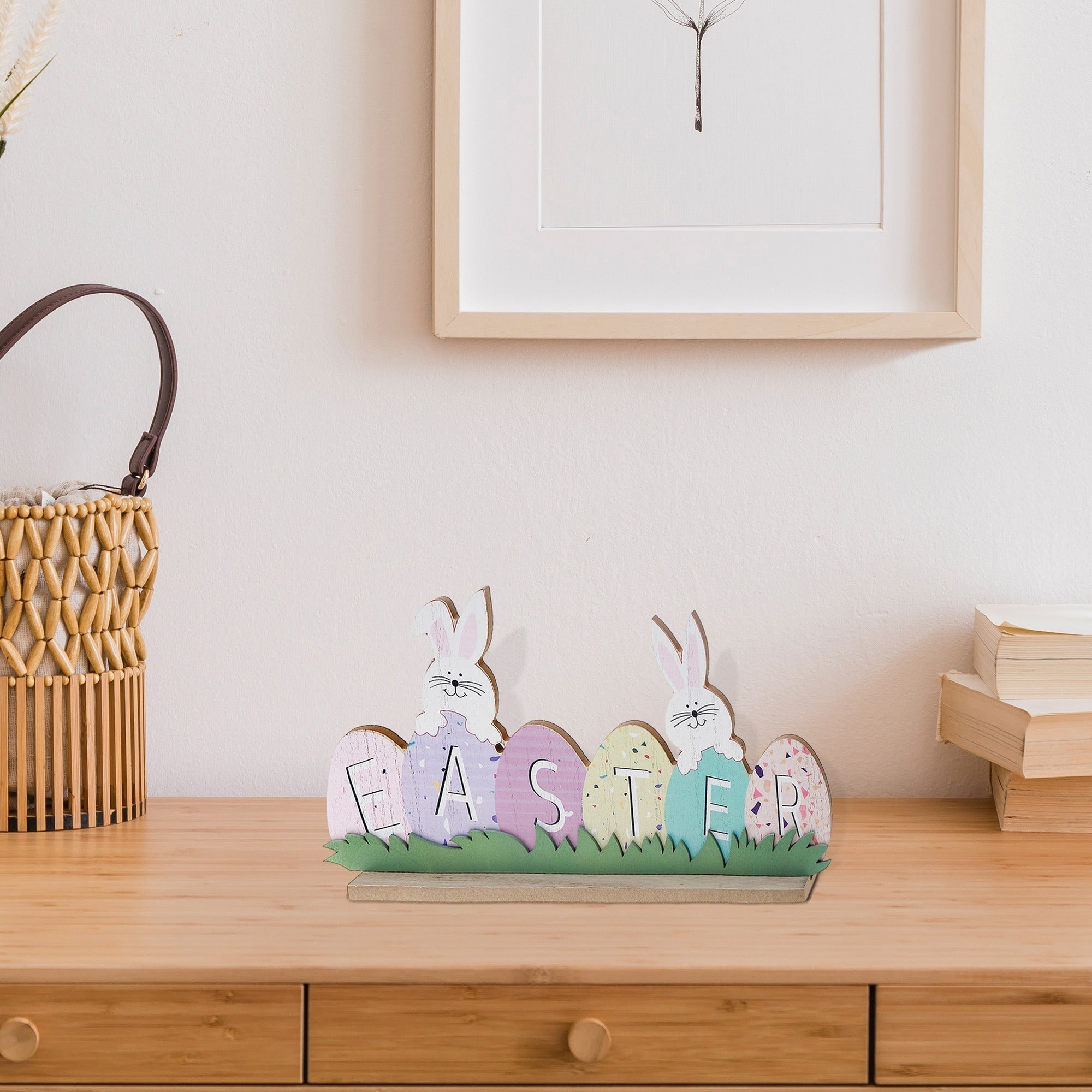 Wooden Double Bunny With Easter Egg Sign, Spring Holiday Wall Decor