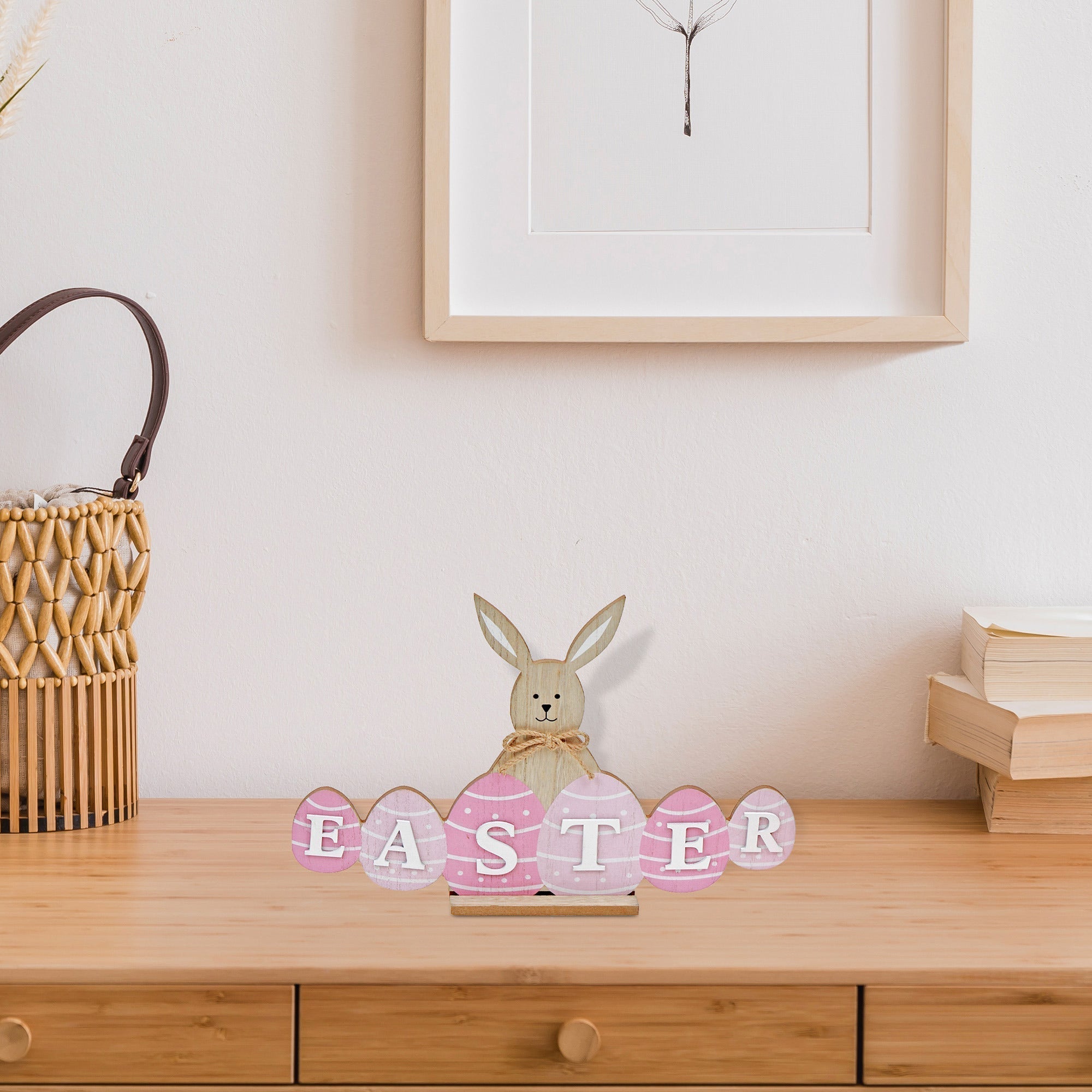 Wooden Bunny With Easter Egg Sign, Easter Spring Wall Decoration
