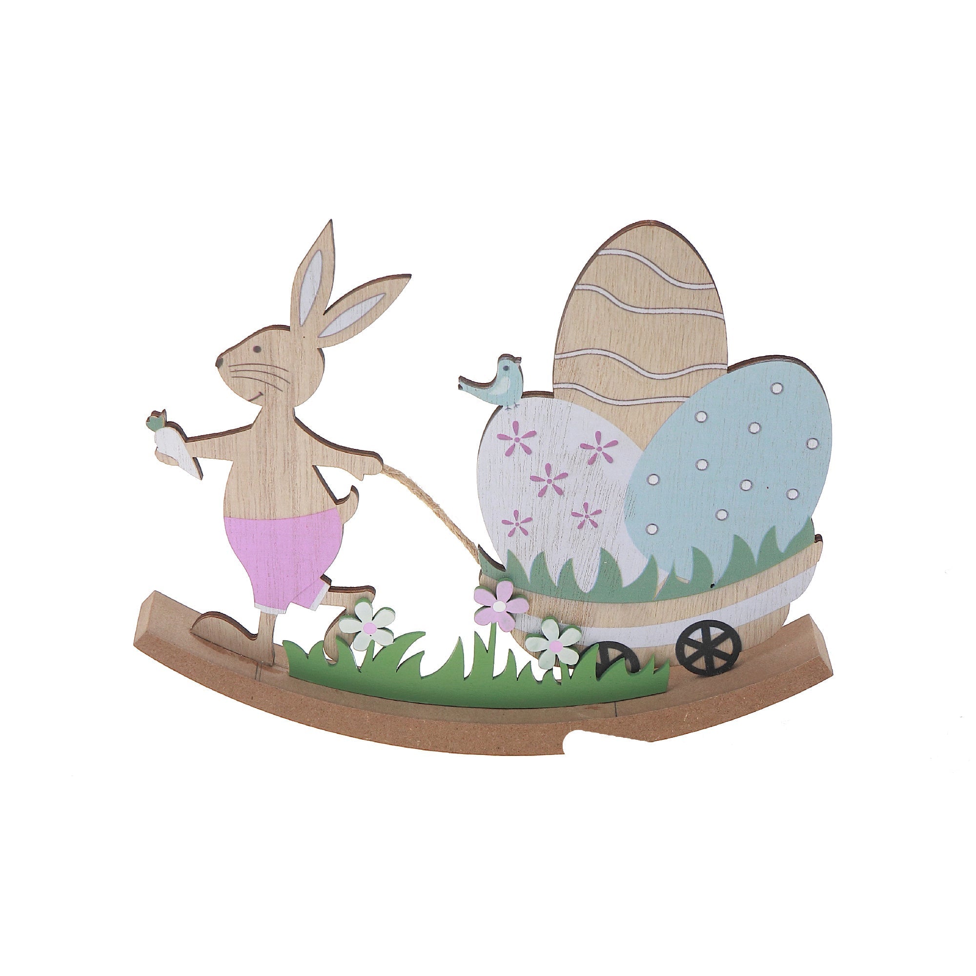 Wooden Bunny With Wagon And Easter Egg Decoration, Spring Holiday Table Accent