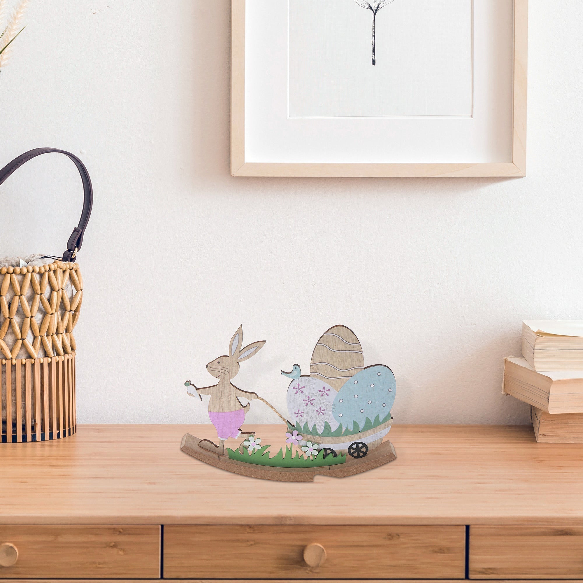 Wooden Bunny With Wagon And Easter Egg Decoration, Spring Holiday Table Accent