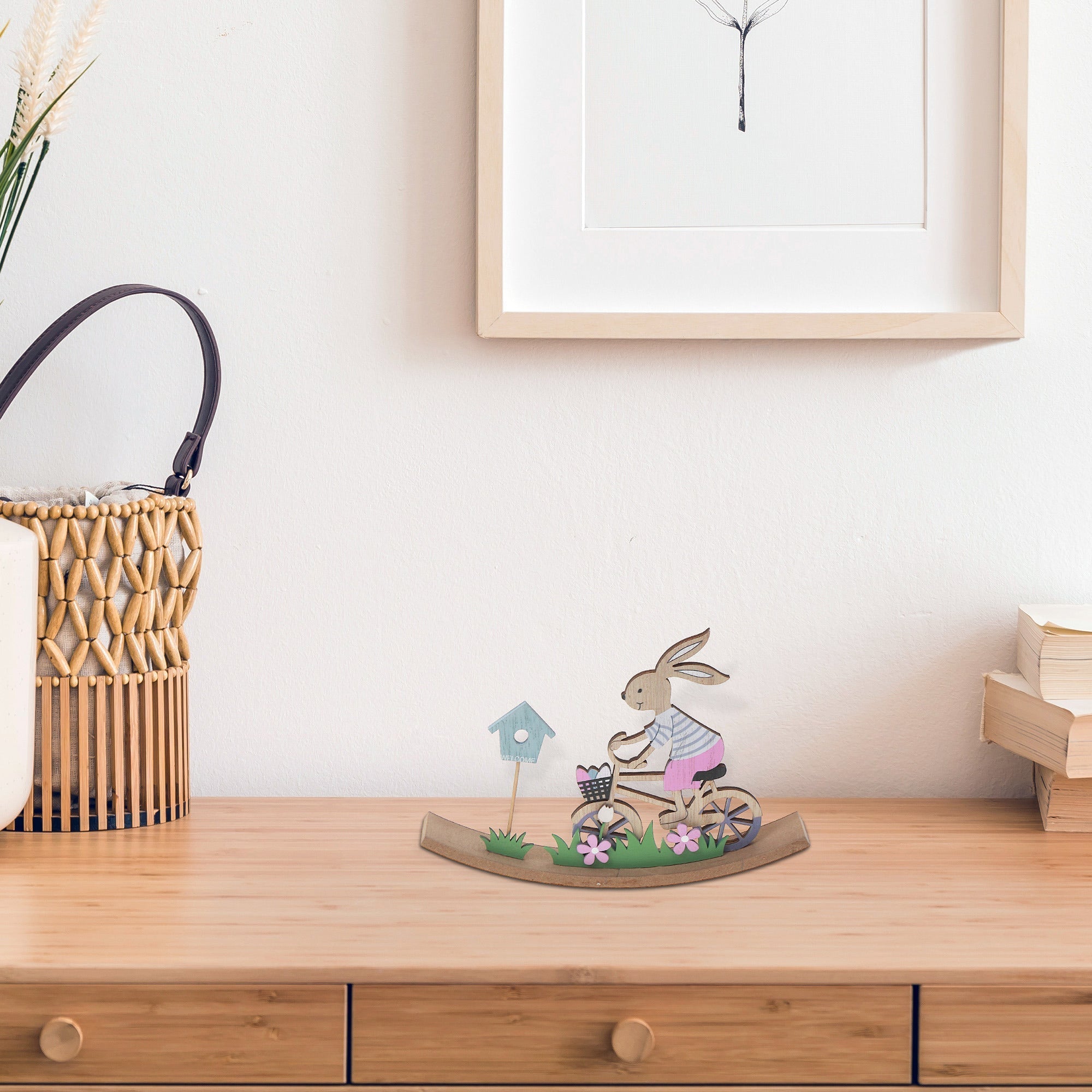 Wooden Bunny Riding On Bicycle Decoration, Easter Holiday Table Decor