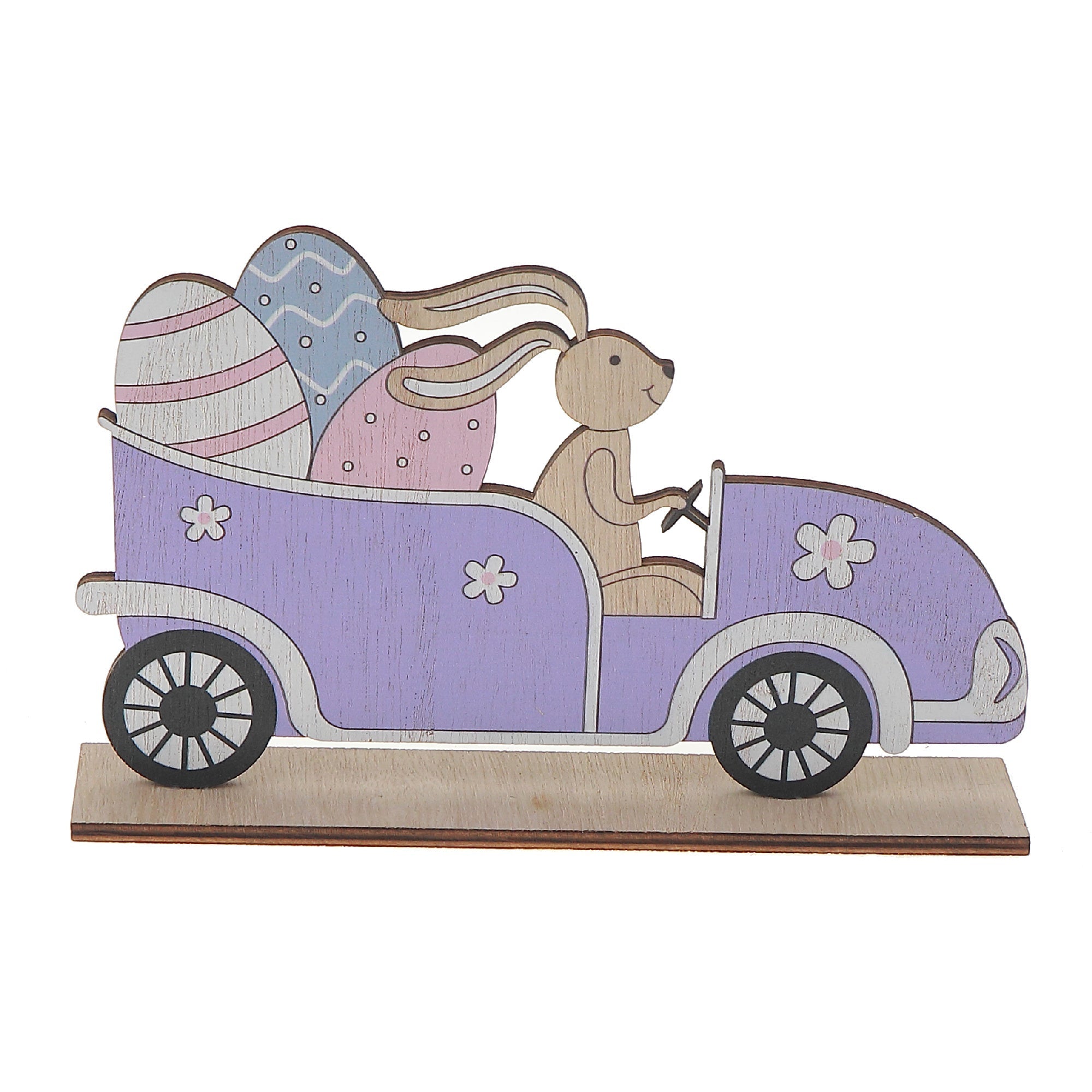 Wooden Car With Bunny And Easter Egg Decoration, Spring Holiday Home Accent