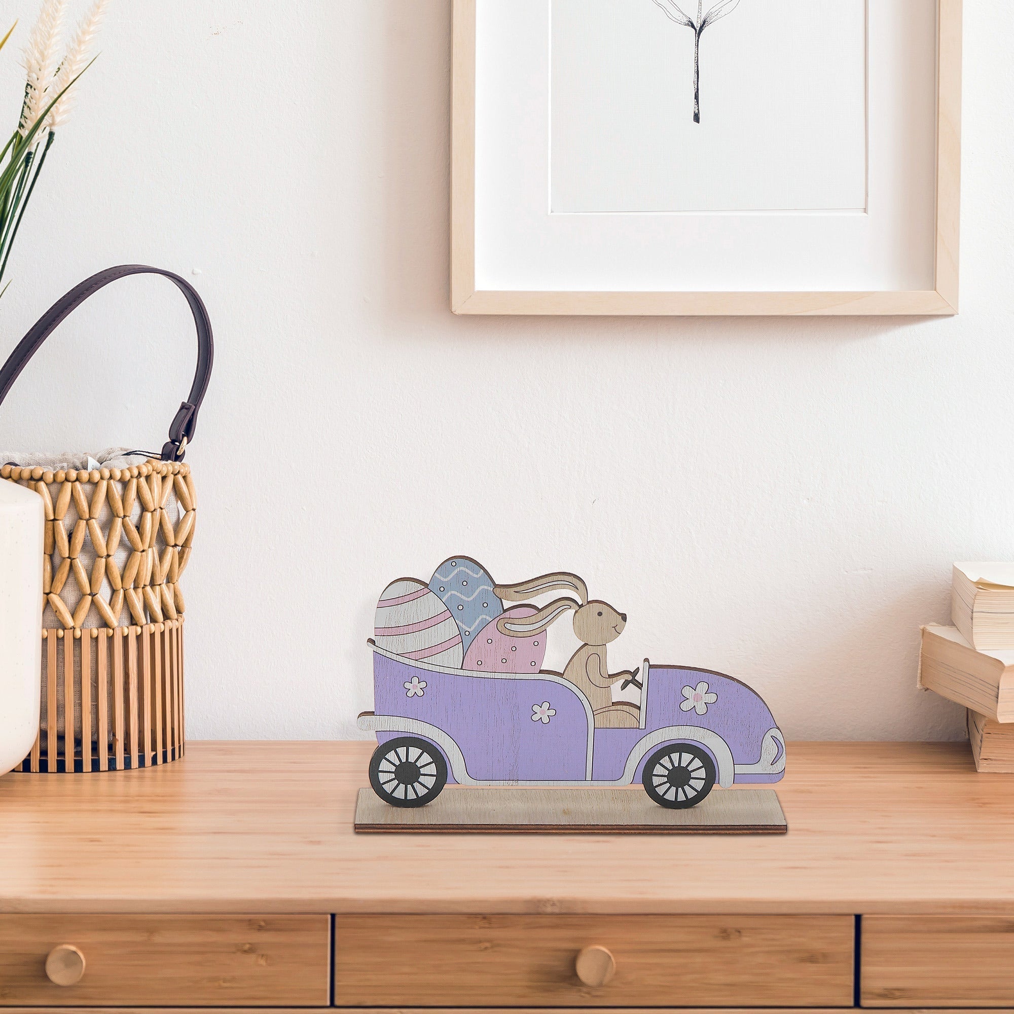 Wooden Car With Bunny And Easter Egg Decoration, Spring Holiday Home Accent