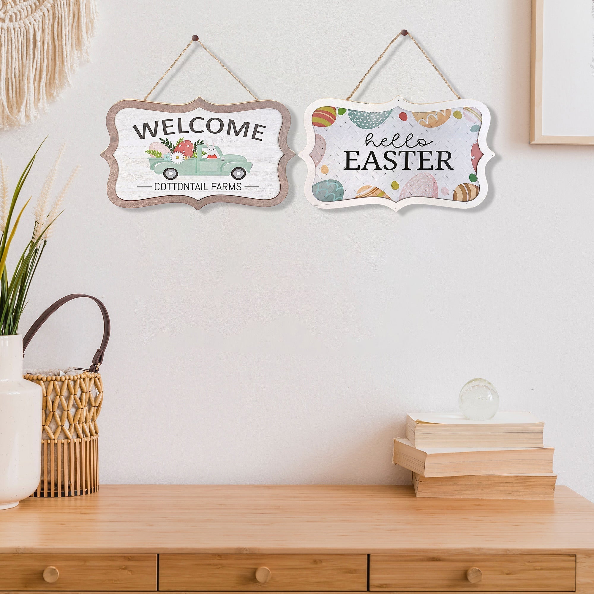 Wooden Wall Hanger Welcome Truck And Hello Easter Set Of 2, Spring Farmhouse Wall Decor