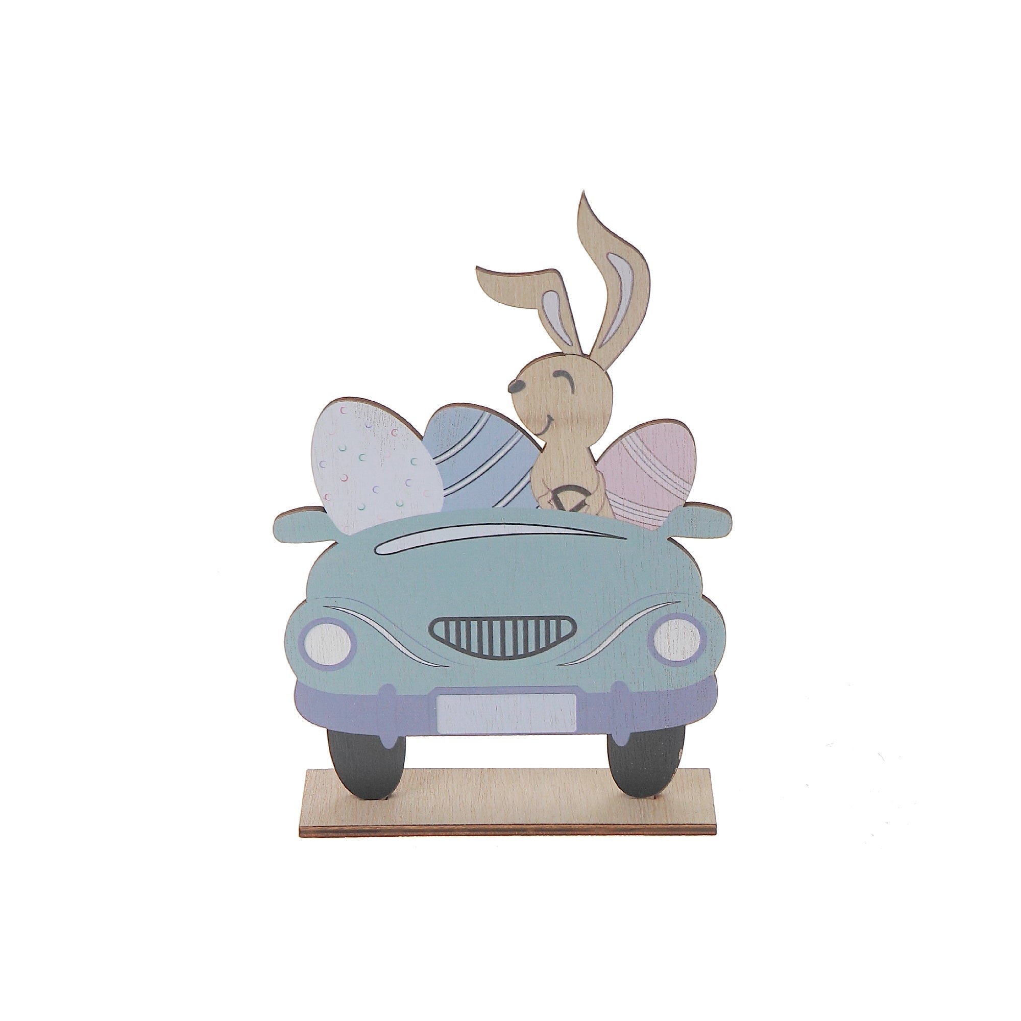 Wooden Three Wheels Car With Easter Bunny Decoration, Easter Holiday Table Decor