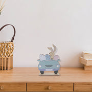 Wooden Three Wheels Car With Easter Bunny Decoration, Easter Holiday Table Decor
