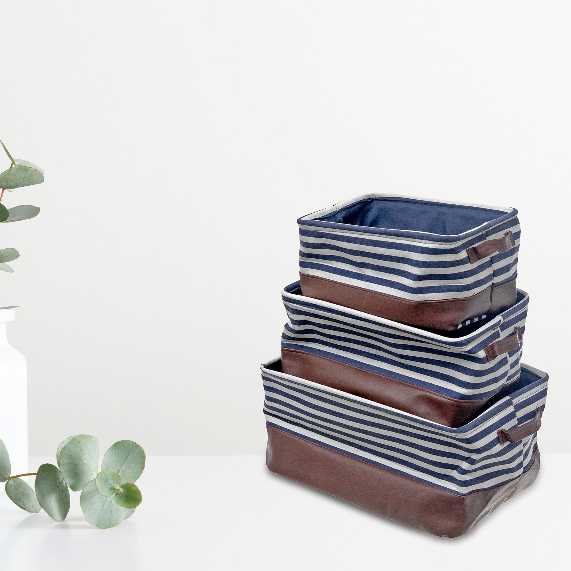 Storage Caddy Cloth And Pleather Strips Set Of 3, Home Organization Baskets