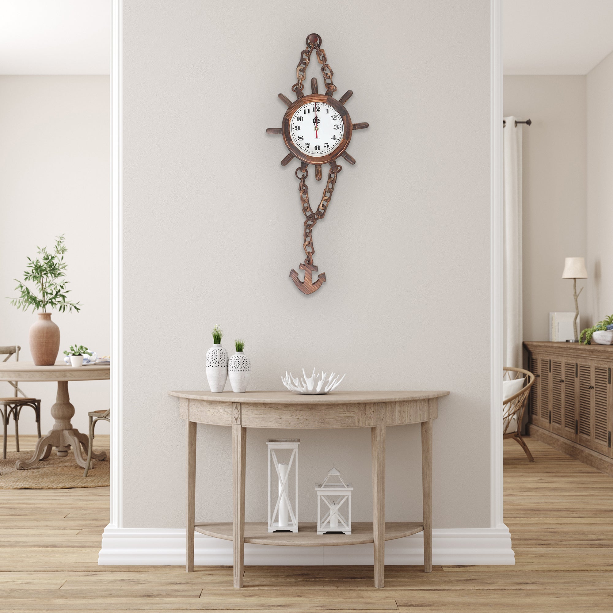Wooden Ship Wheel Chain Clock With Anchor Nautical Wall Clock Coastal Home Décor