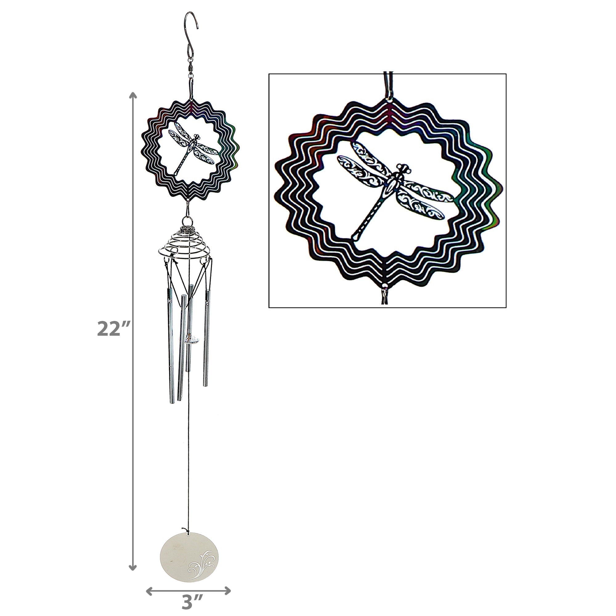 23 Inch Colorful Dragonfly Spinner and Wind Chime, Outdoor Garden Yard Ornament