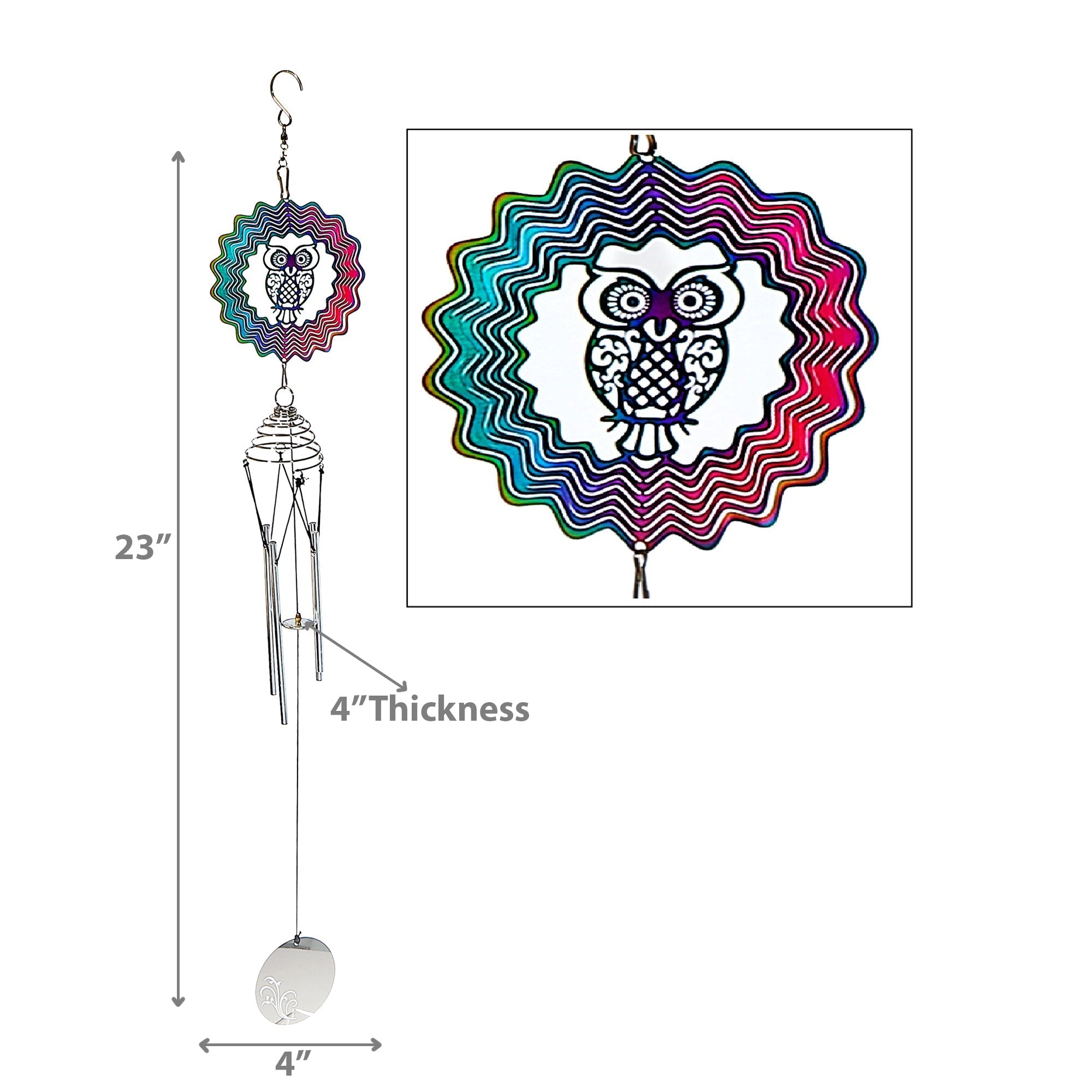 23 Inch Colorful Owl Spinner and Wind Chime, Outdoor Garden Decor Accent