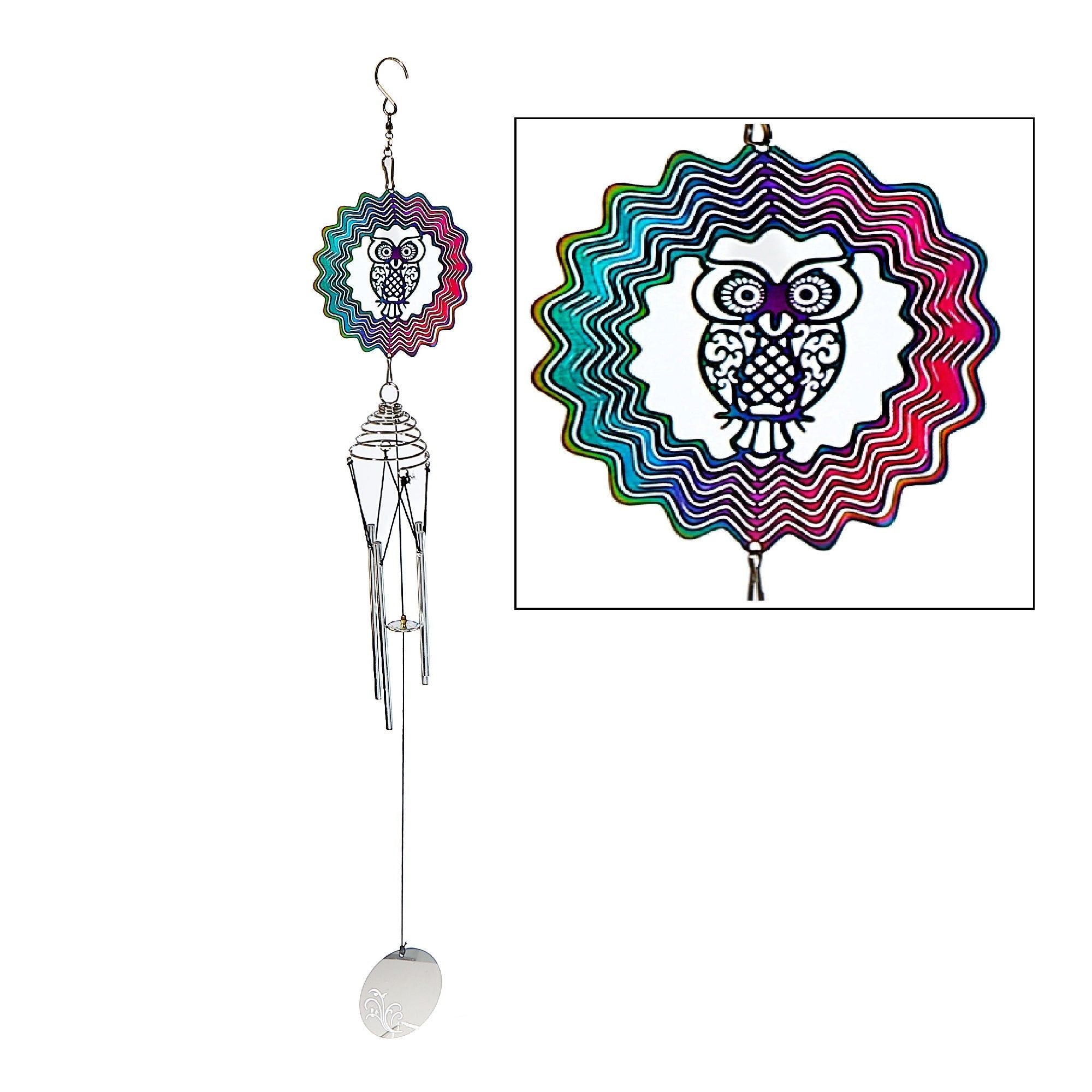 23 Inch Colorful Owl Spinner and Wind Chime, Outdoor Garden Decor Accent