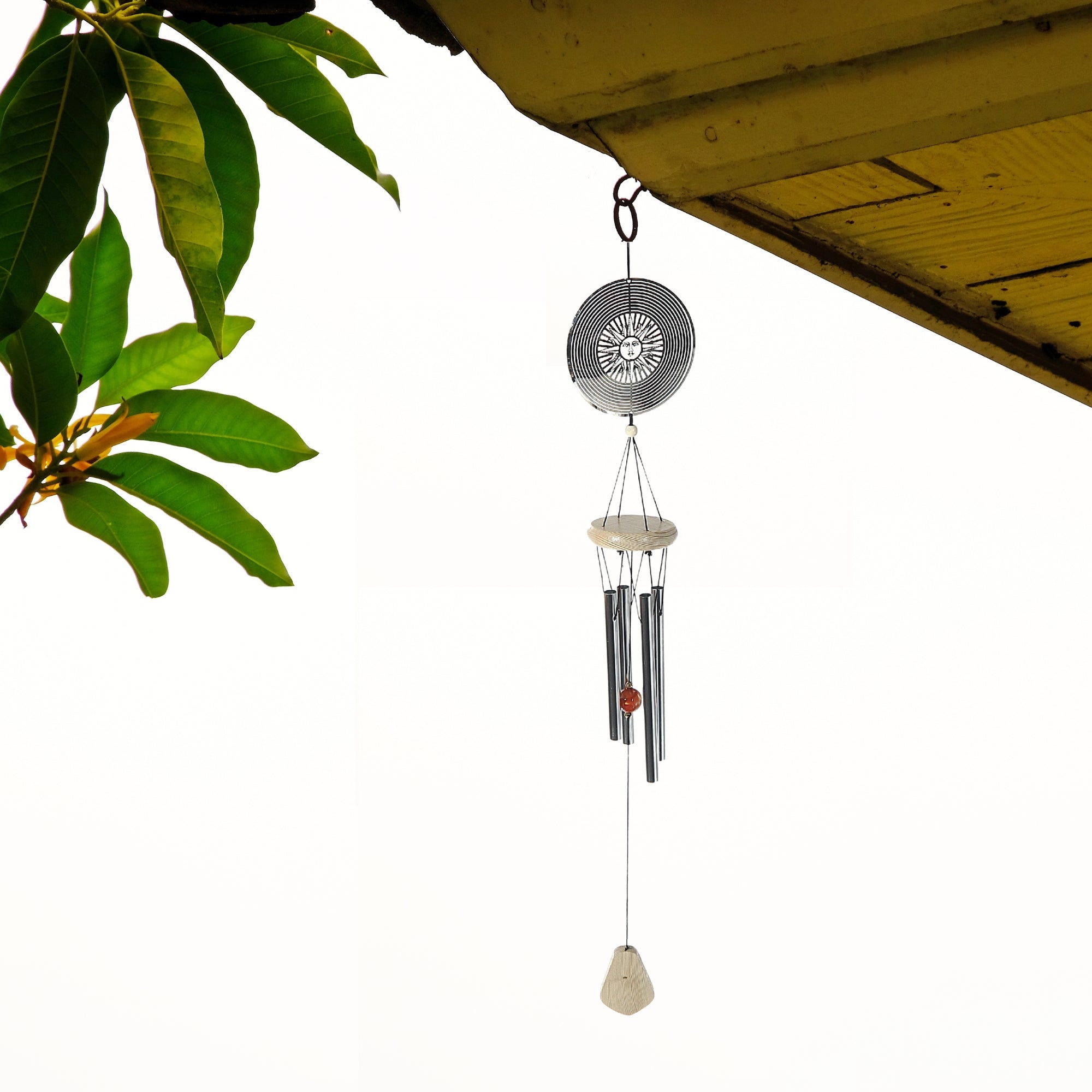 28" Sun Spinner with Wood Chime – Outdoor Garden Wind Spinner, Decorative Mobile