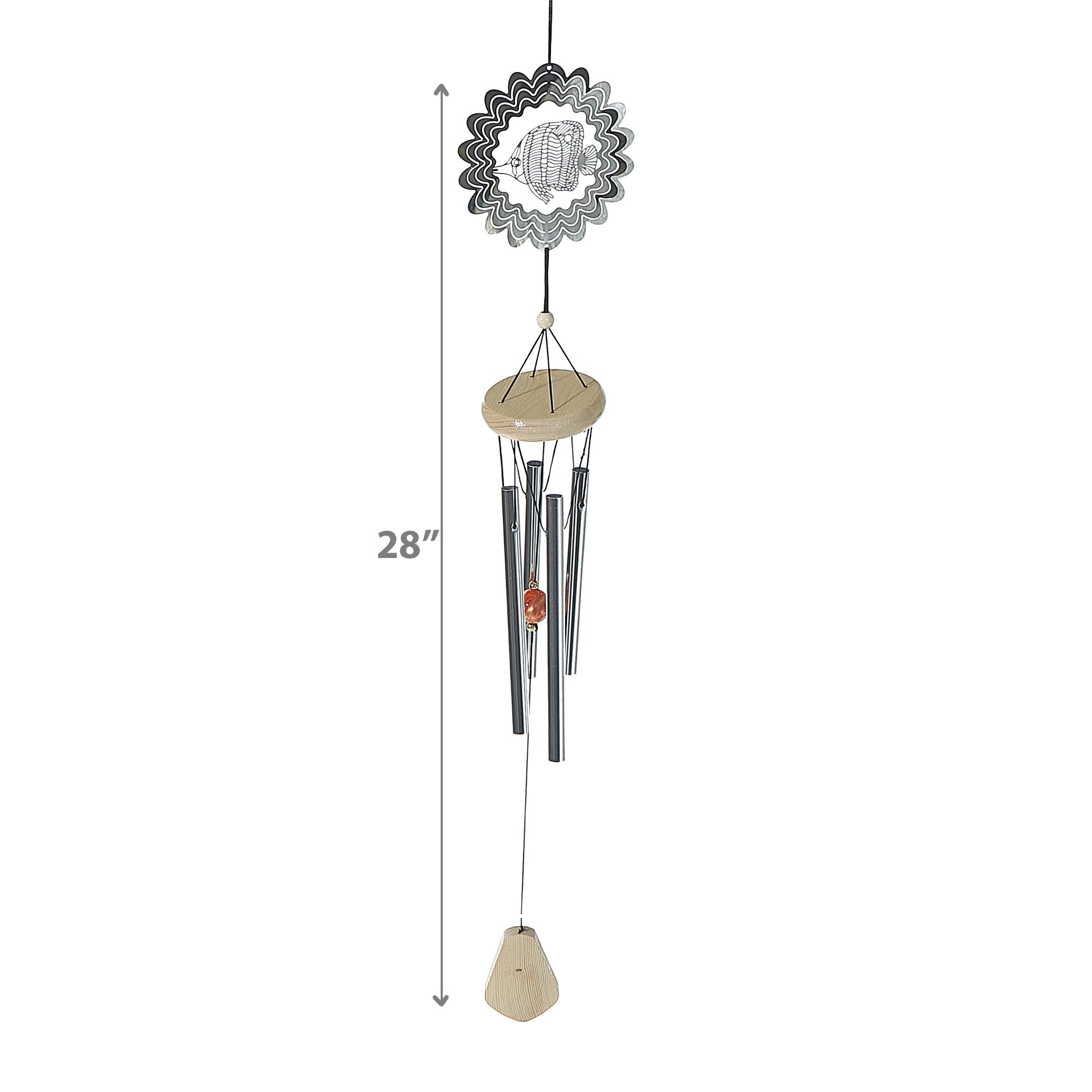 28" Fish Spinner with Wood Chime – Outdoor Garden Wind Spinner, Decorative Mobile
