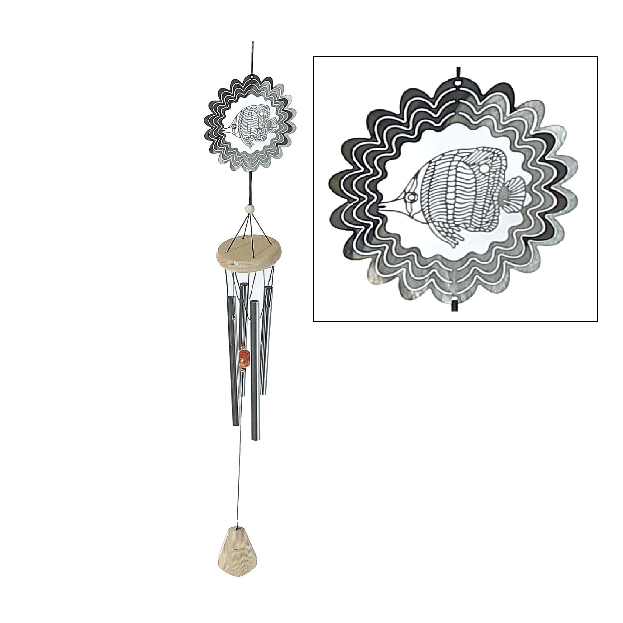 28" Fish Spinner with Wood Chime – Outdoor Garden Wind Spinner, Decorative Mobile