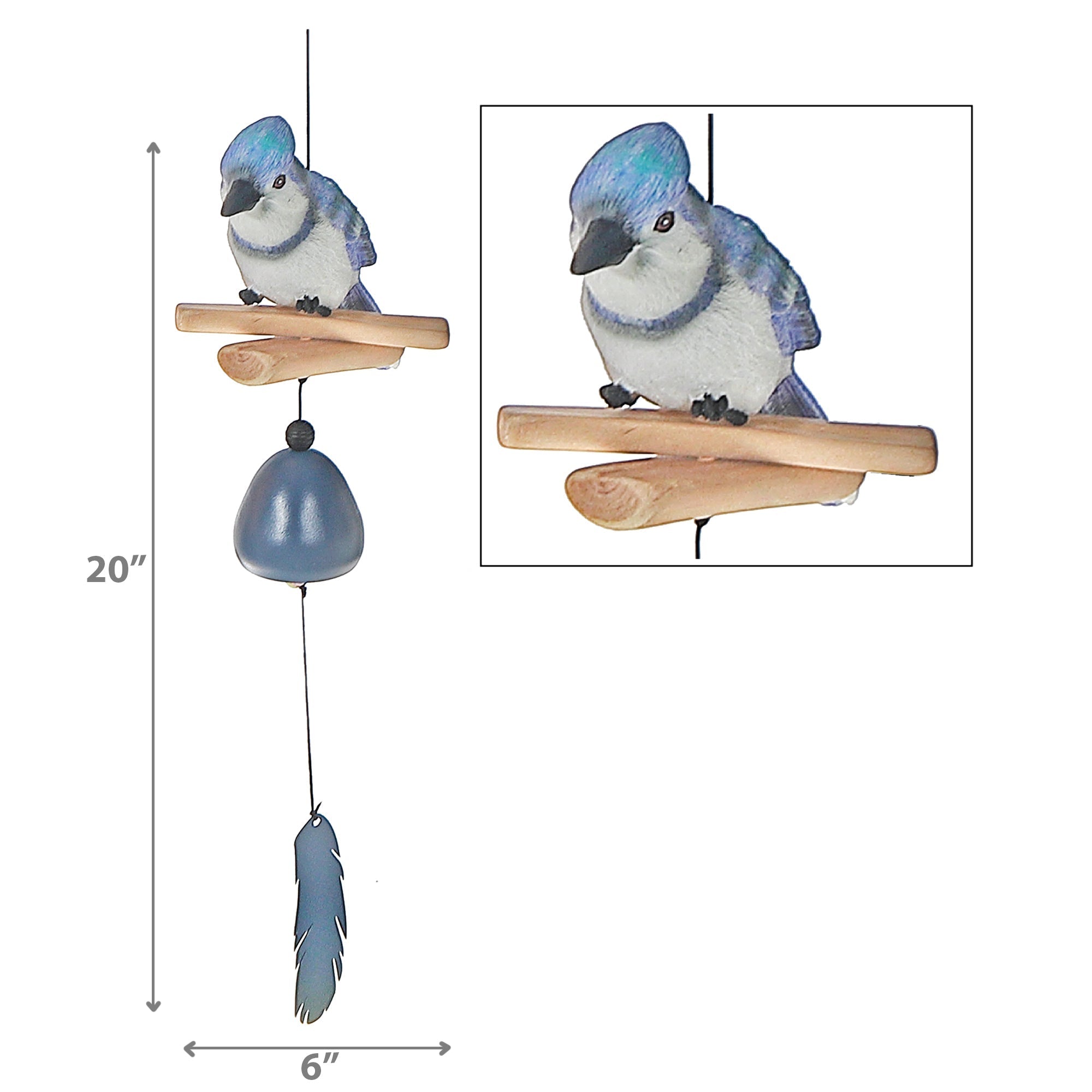 20 Inch Blue Jay Bell with Feather, Outdoor Garden Hanging Chime, Yard Accent