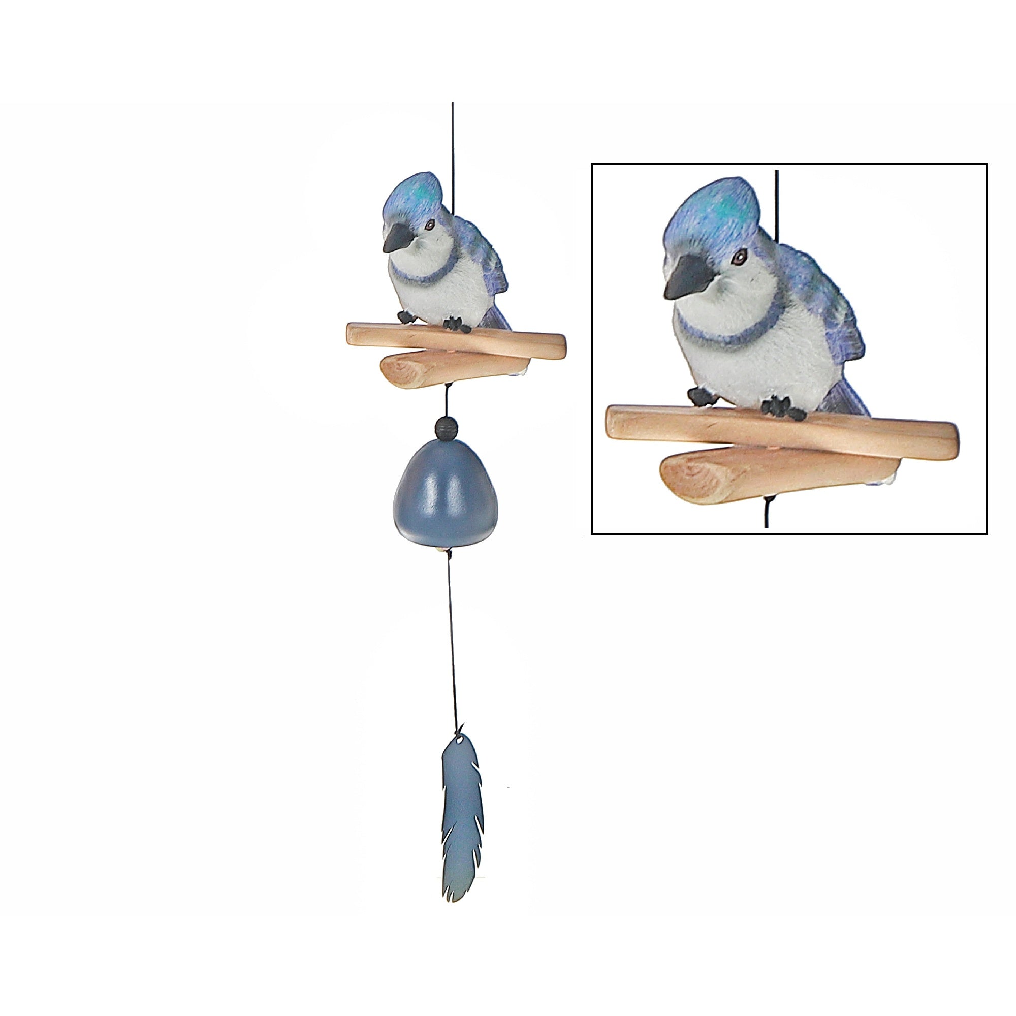 20 Inch Blue Jay Bell with Feather, Outdoor Garden Hanging Chime, Yard Accent
