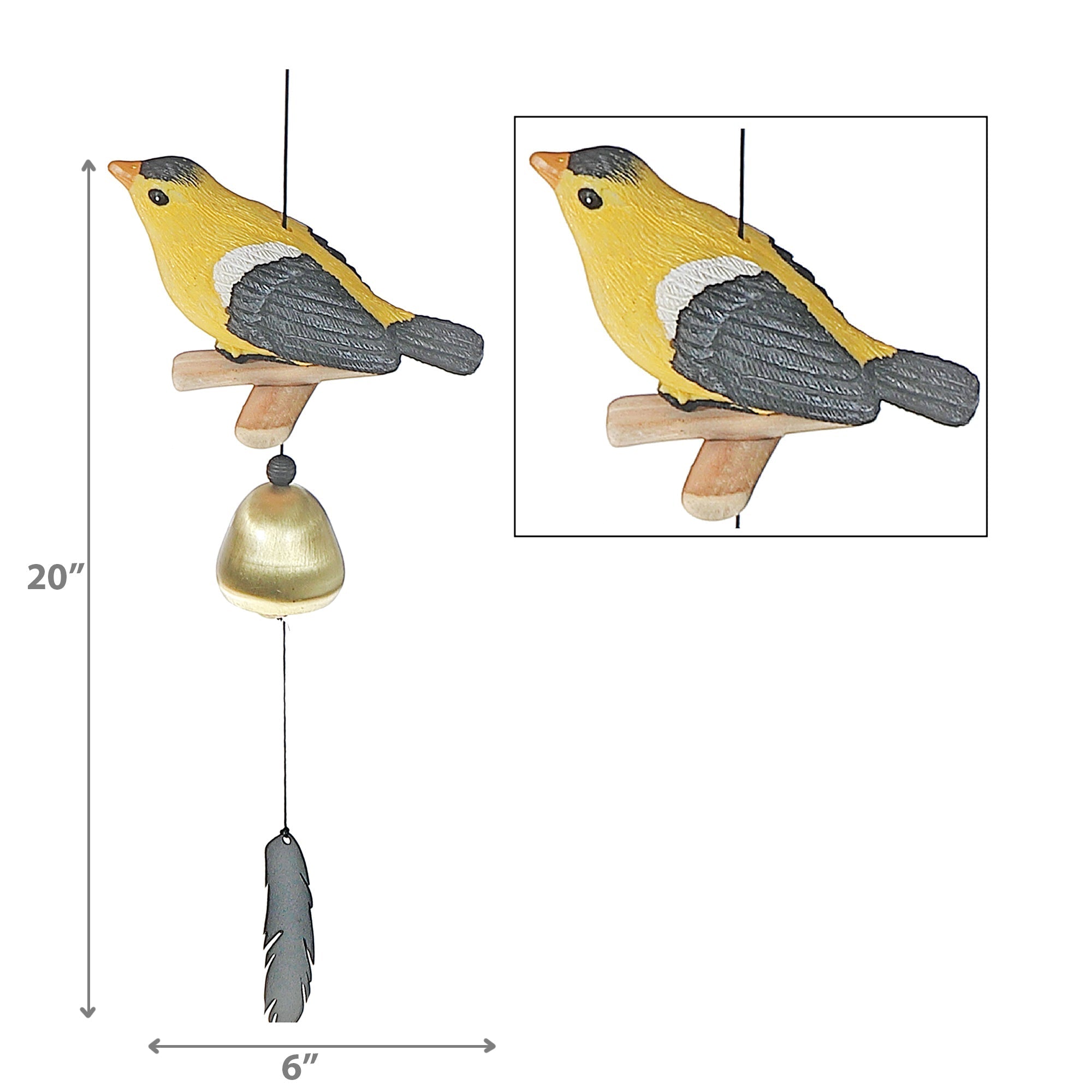 20 Inch Finch Bell with Feather, Outdoor Garden Wind Chime, Patio Decor